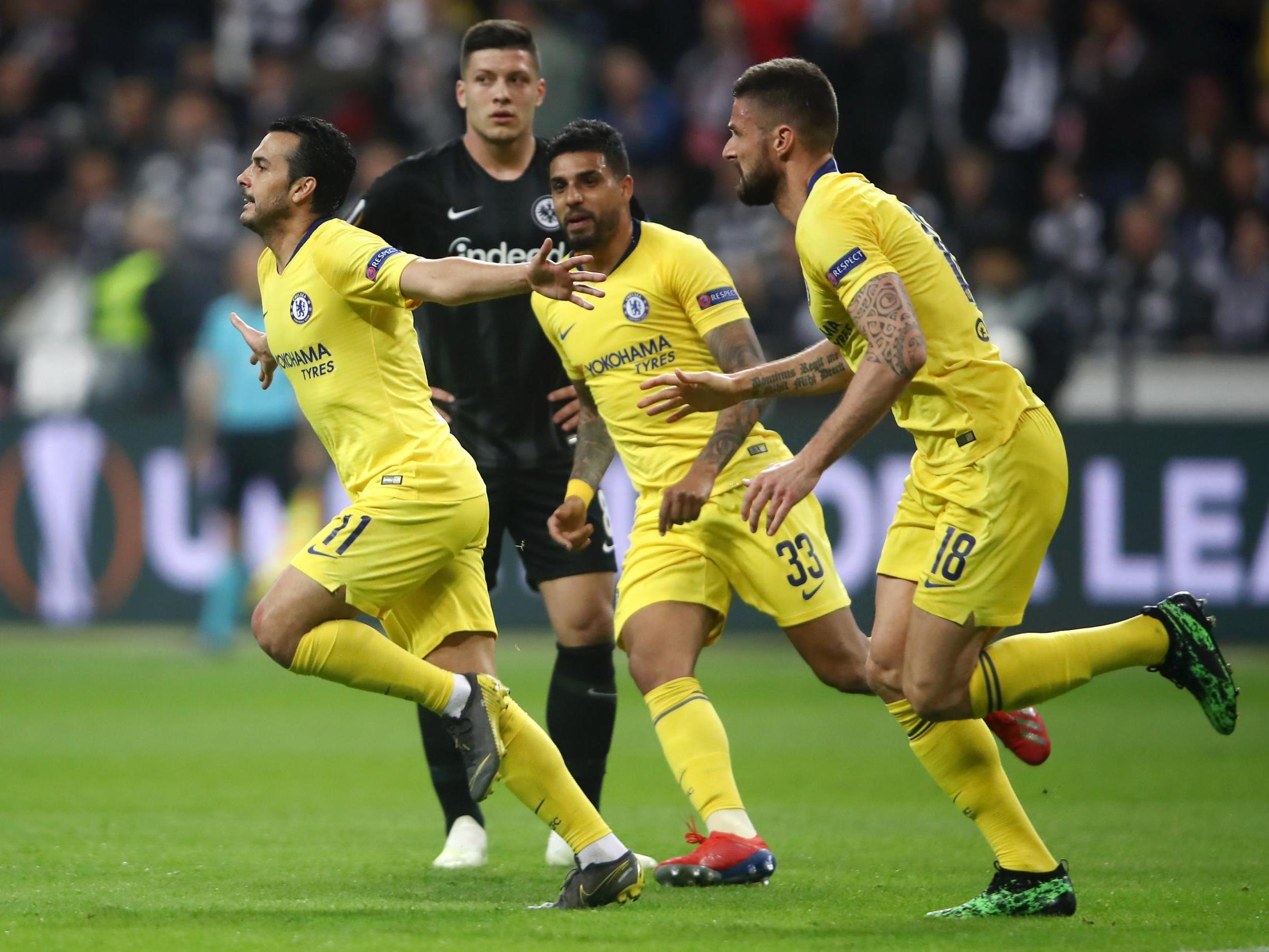 Pedro celebrates equalising for Chelsea before the break