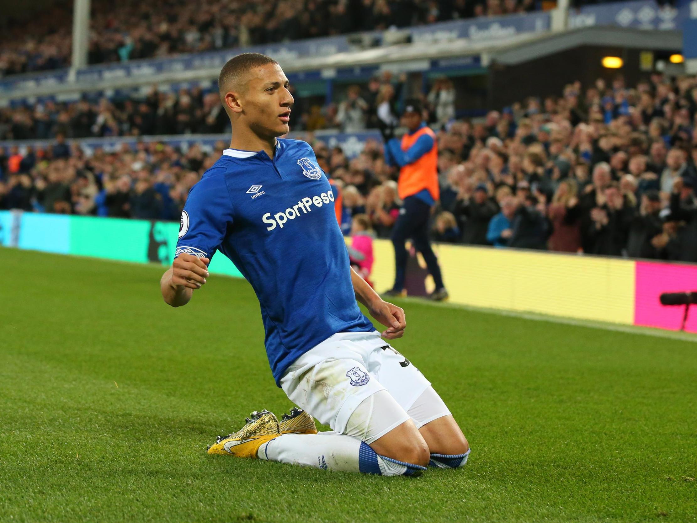 Richarlison celebrates after putting Everton ahead via his deflected strike