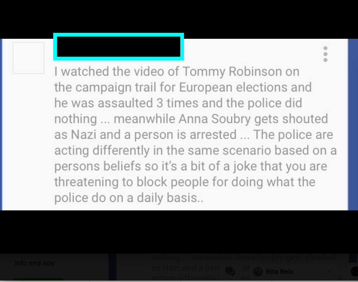 Screen shot of a comment made by a Tommy Robinson supporter on the Facebook page of Gloucestershire Police