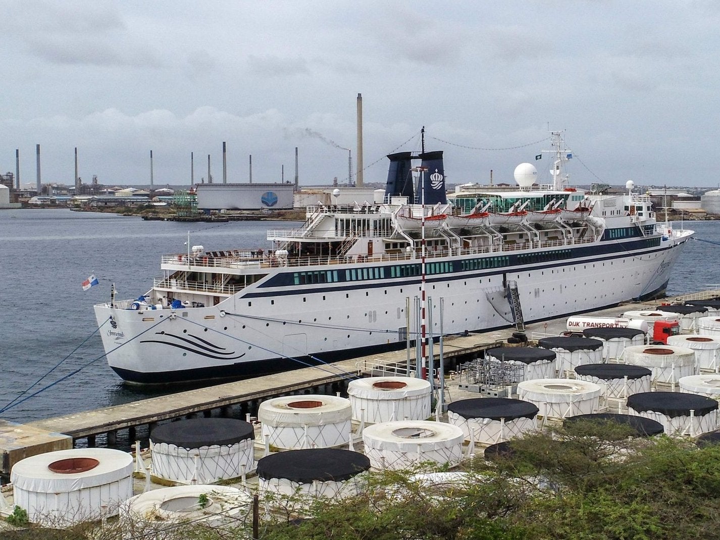 View of the Freewinds -a Scientology cruise ship- anchored in Willemstad, Curacao, on May 5, 2019, quarantined because of a measles case