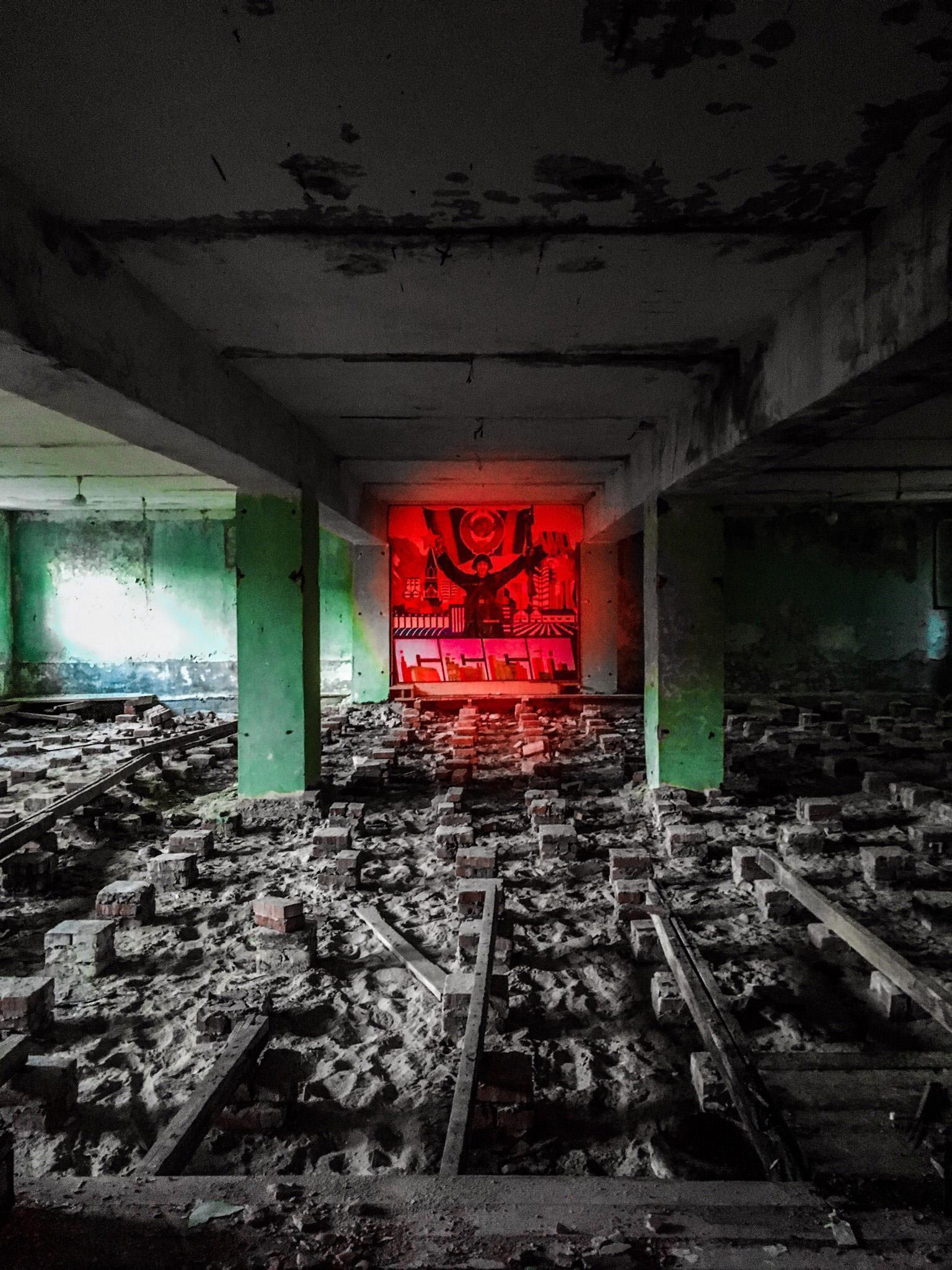 Remains of Soviet propaganda in one of the barracks of the abandoned anti-aircraft base Volkhov near the Chernobyl NPP