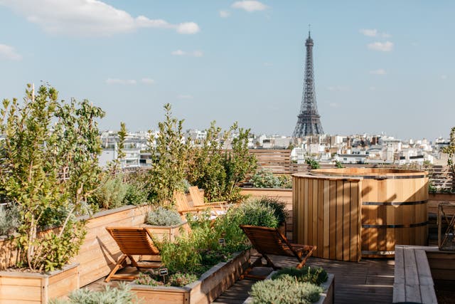 The view towards the Eiffel Tower from the sixth-floor rooftop