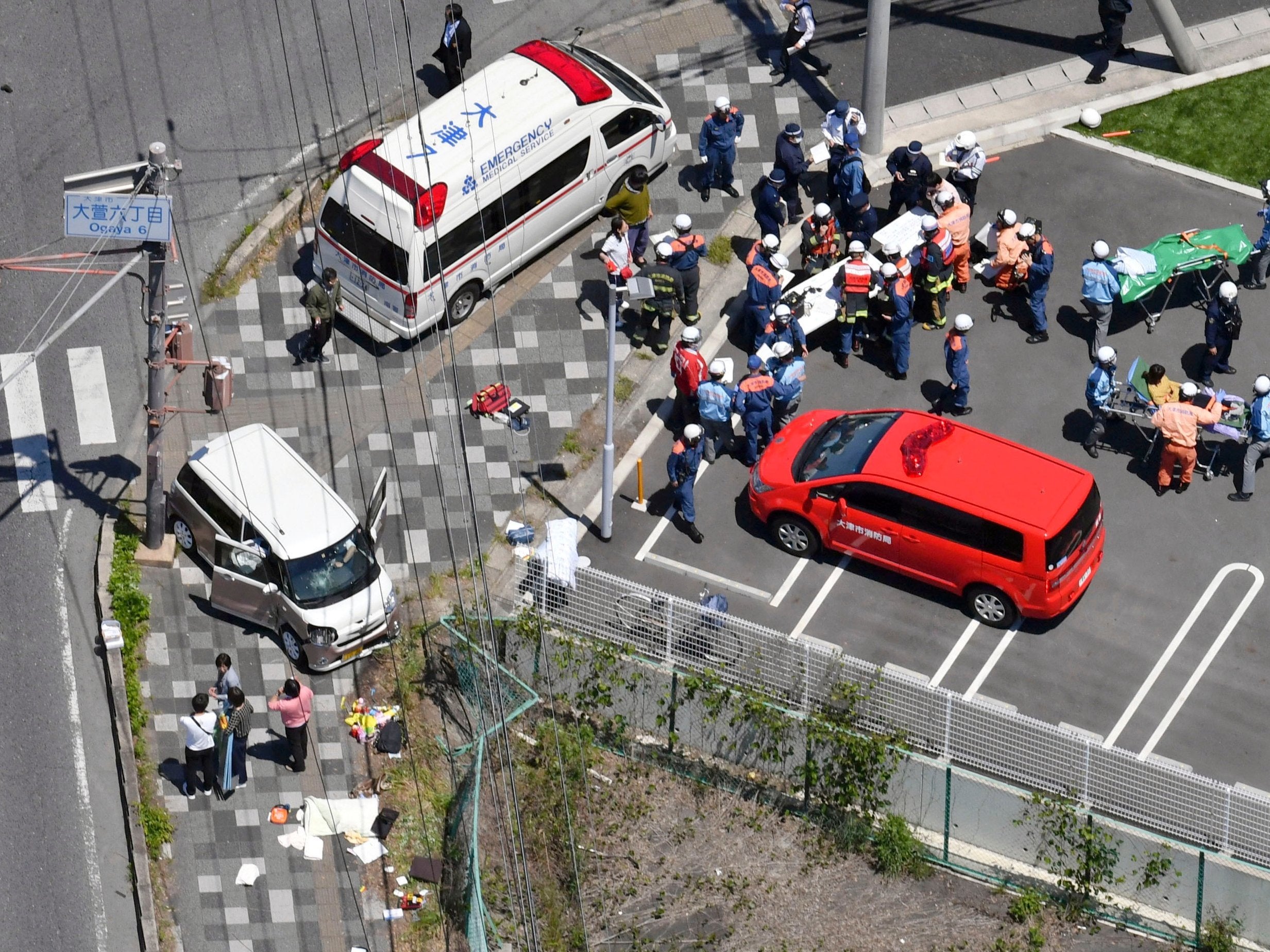 Two children were killed after a car hit a group of nursery children walking on a pedestrian foothpath in Otsu, western Japan, Wednesday 8 May 2019.