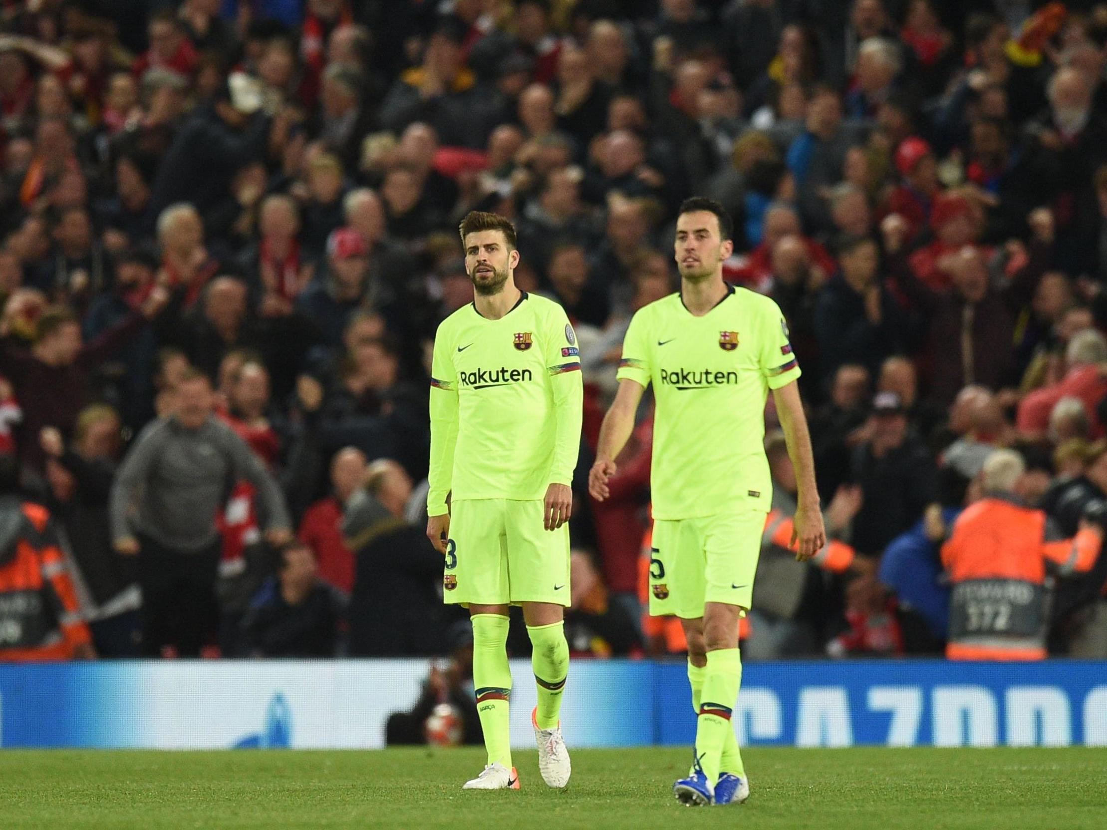 Barcelona look dejected at Anfield