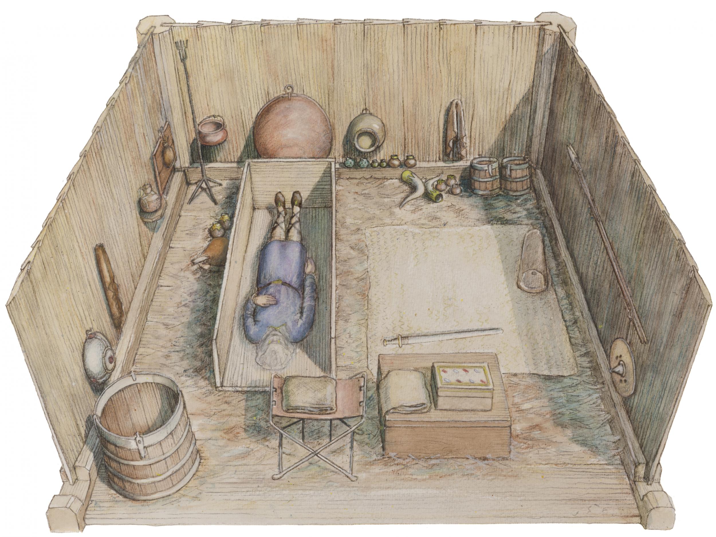 A reconstruction drawing of the Prittlewell princely burial chamber based on years of research