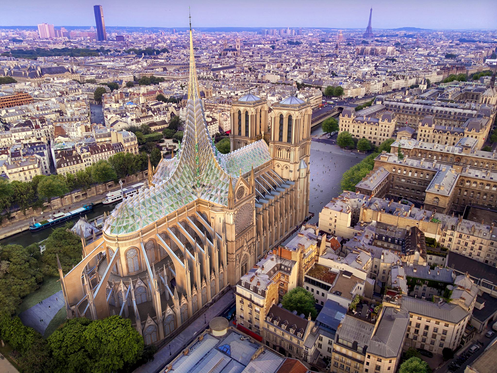 A truly modern design for the refurbishment of Notre Dame Cathedral would see a new roof that harnesses solar energy to provide enough energy to power nearby buildings