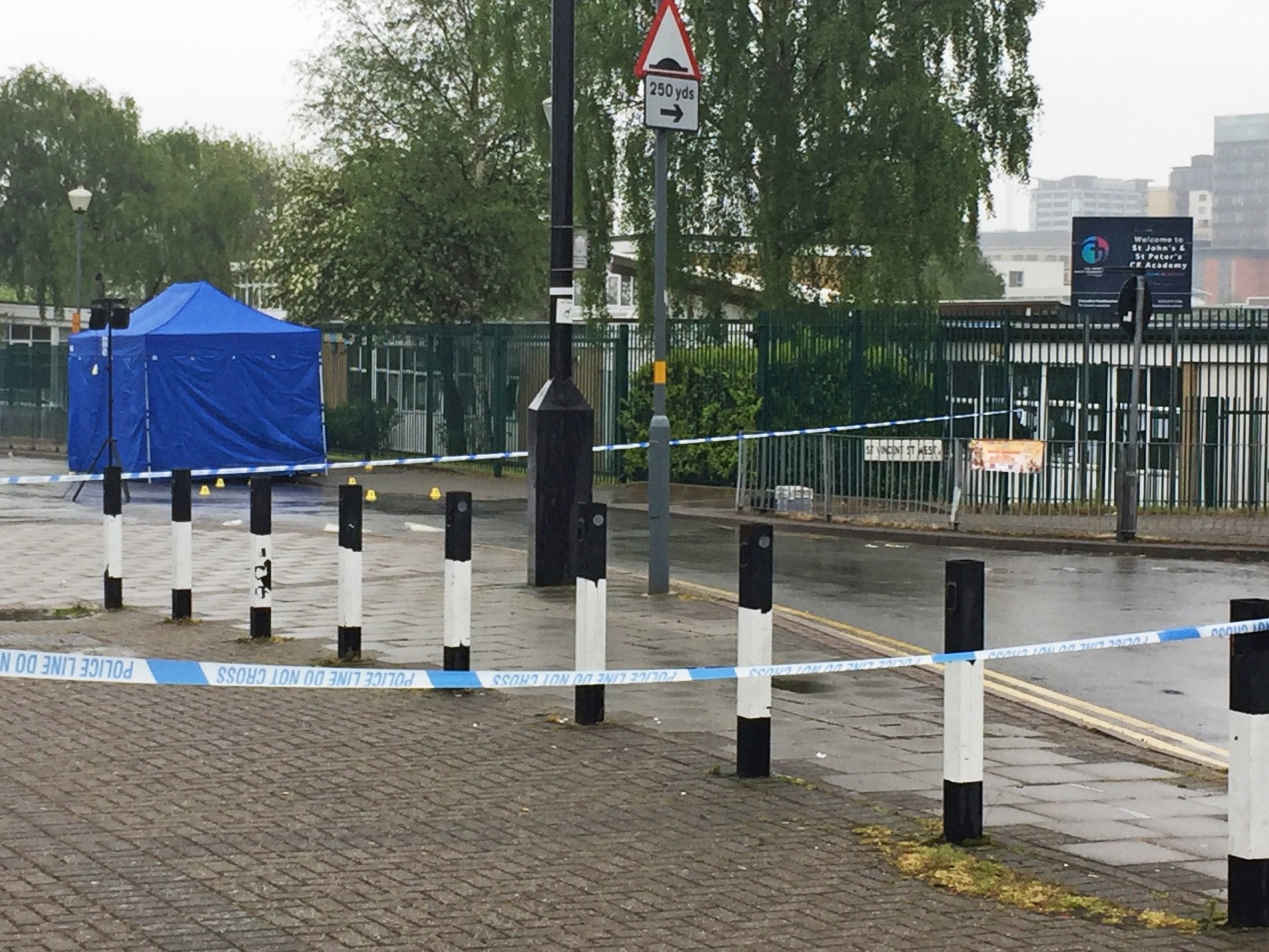 The scene in St Vincent Street, Ladywood, Birmingham, following the fatal shooting of a man outside a primary school on 7 May 2019.