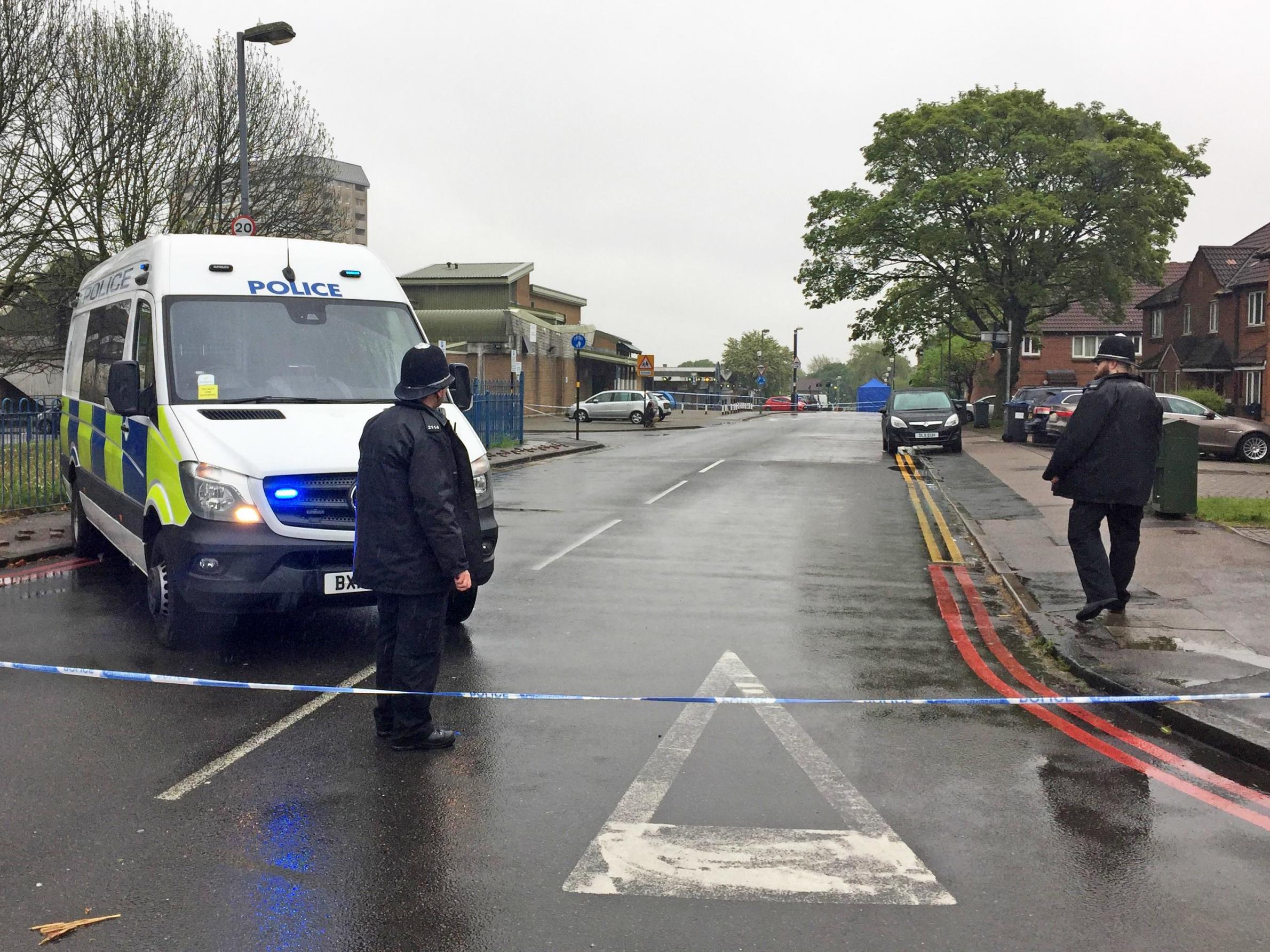 The scene in St Vincent Street, Ladywood, Birmingham, following the fatal shooting of a man outside a primary school on 7 May 2019.