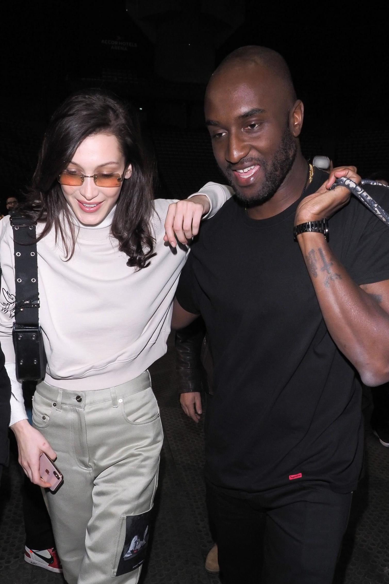 Bella Hadid pictured with Virgil Abloh backstage at the Off White show during Paris Fashion Week.