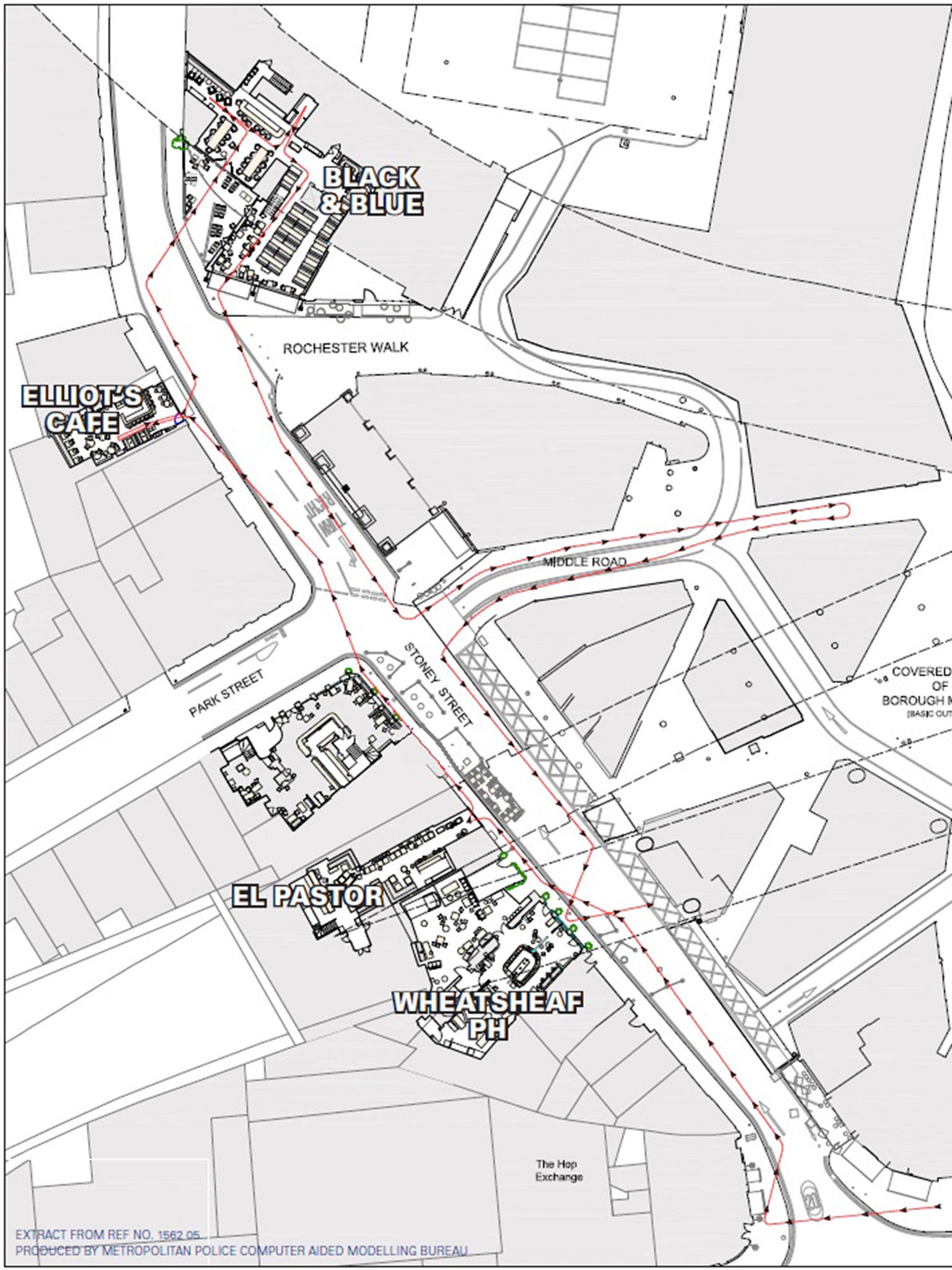 A diagram showing the route the London Bridge attackers walked and ran while stabbing people