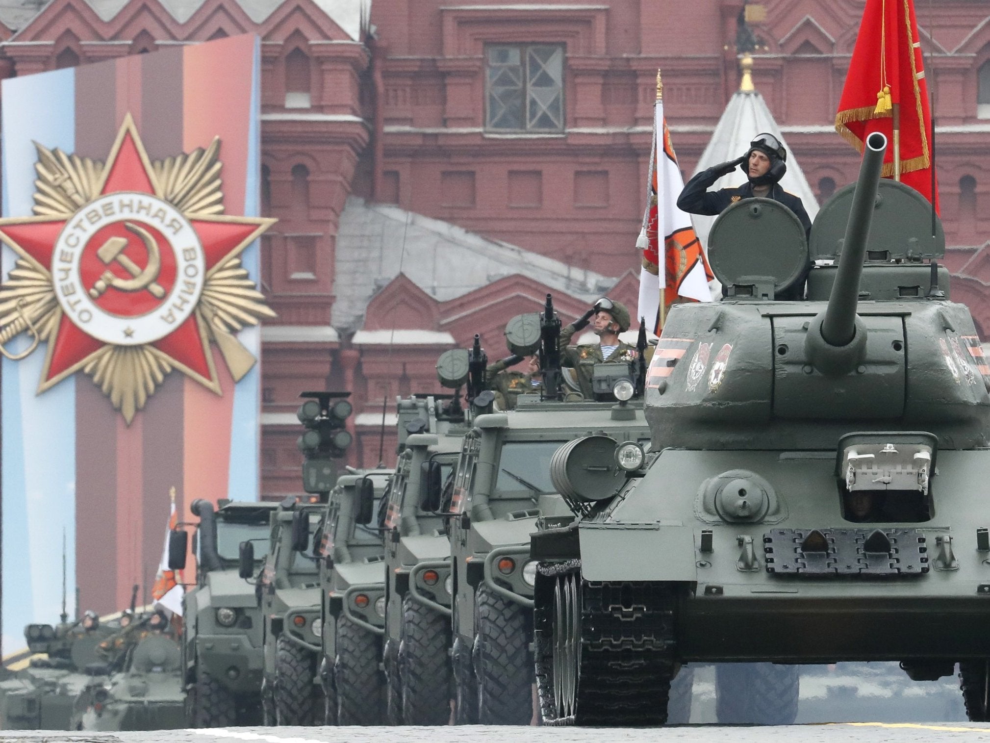 The T-34 tank, a workhorse of the Soviet WWII campaign, leads the Victory Day column on Red Square