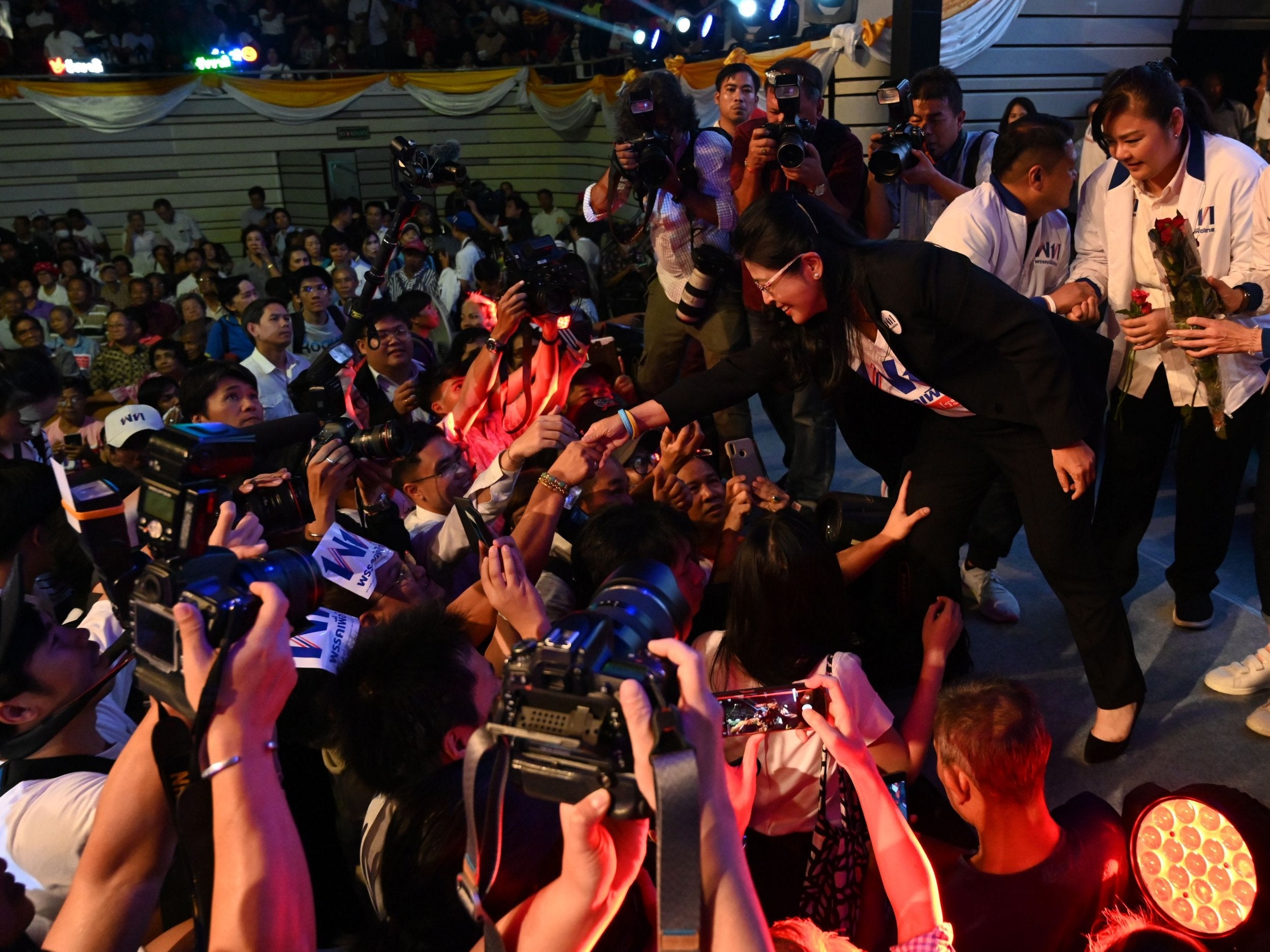 Pheu Thai supporters greet the party’s candidate for prime minister, Sudarat Keyuraphan, on the eve of the election. Six weeks later, the party looks set to be denied the opportunity to form a government