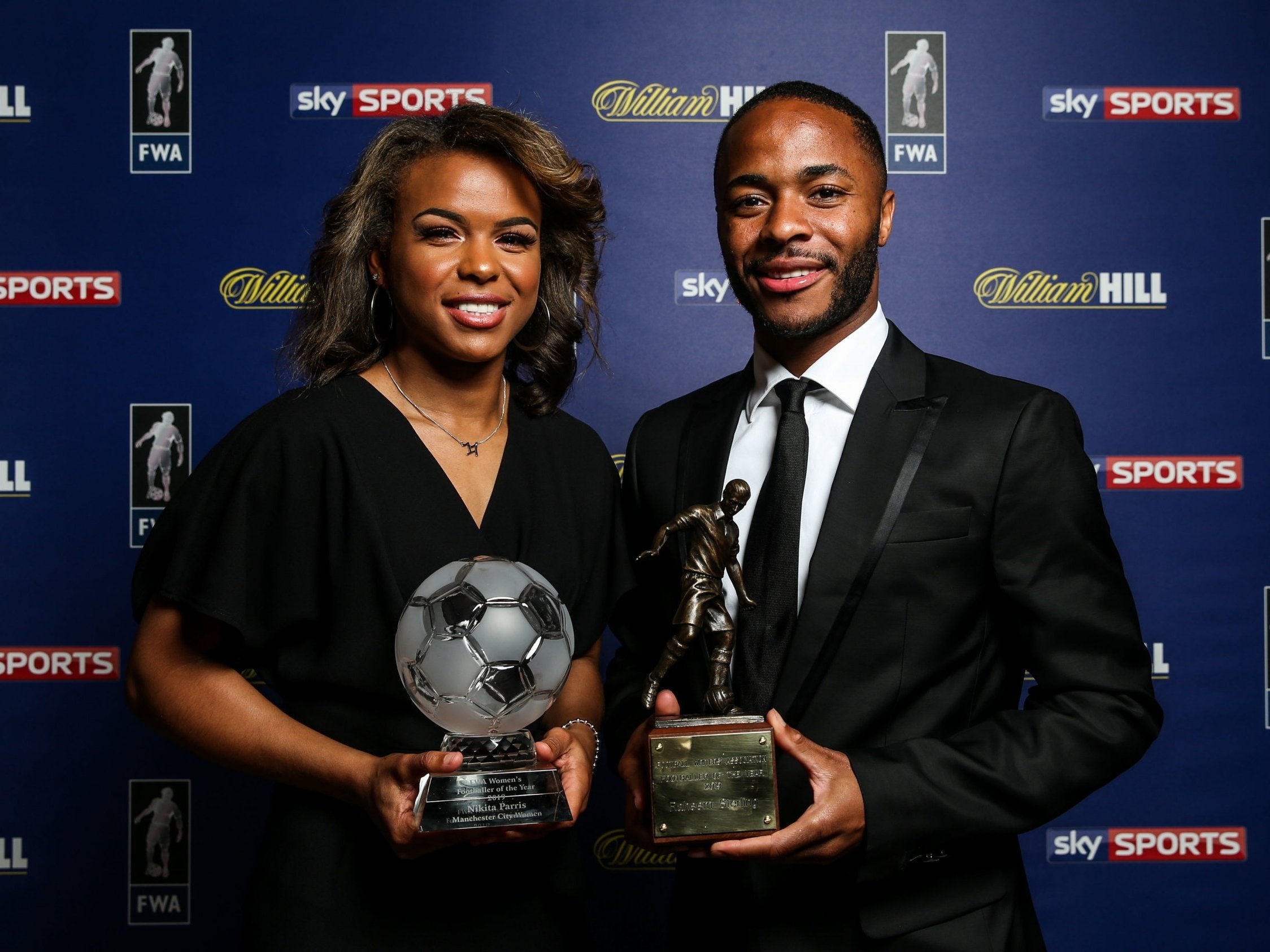 Nikita Parris and Raheem Sterling collect their FWA Footballer of the Year awards