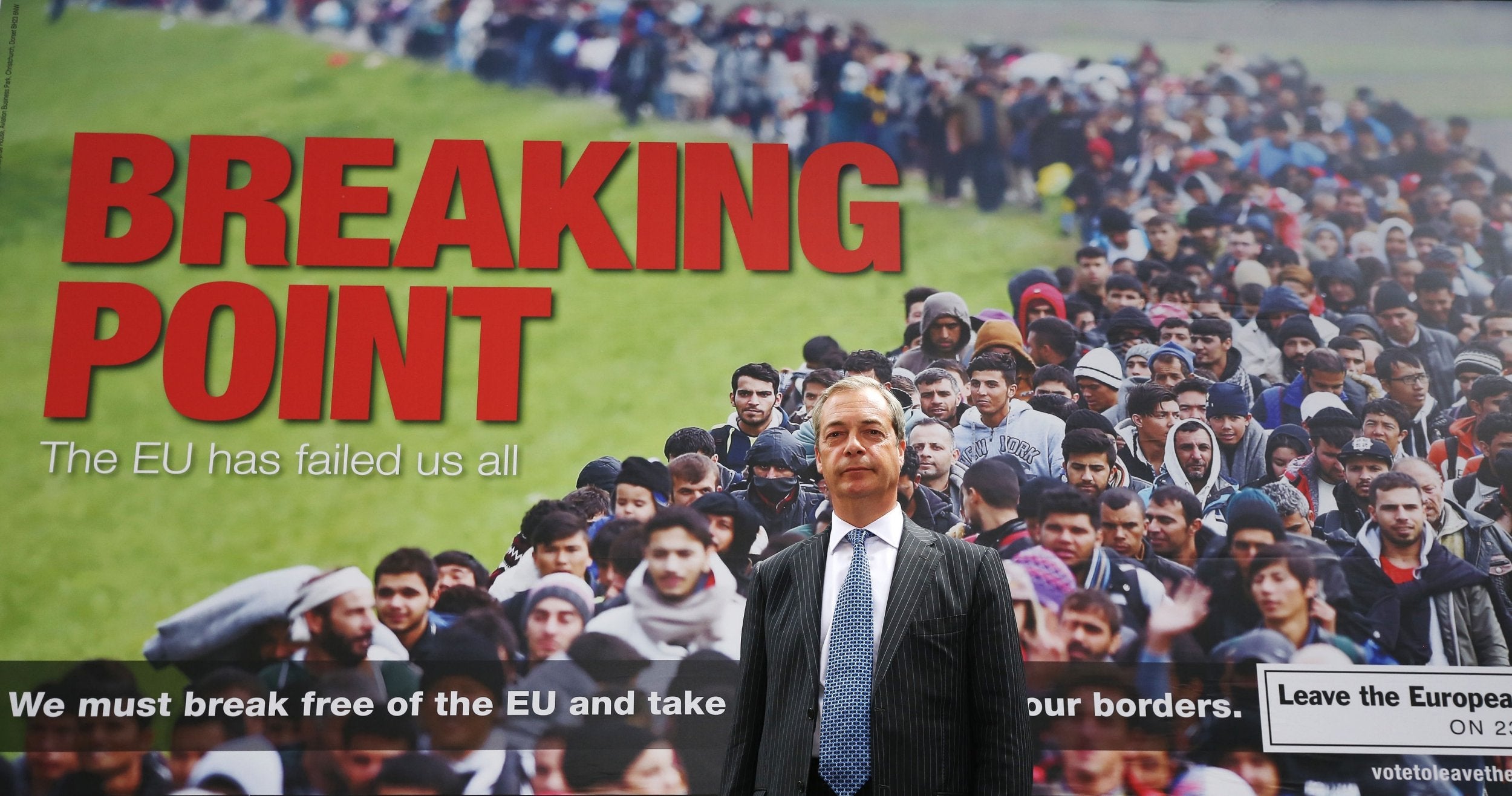 Nigel Farage pictured in 2016 with his EU referendum poster featuring migrants queueing to get into the EU under the slogan ‘Breaking Point’