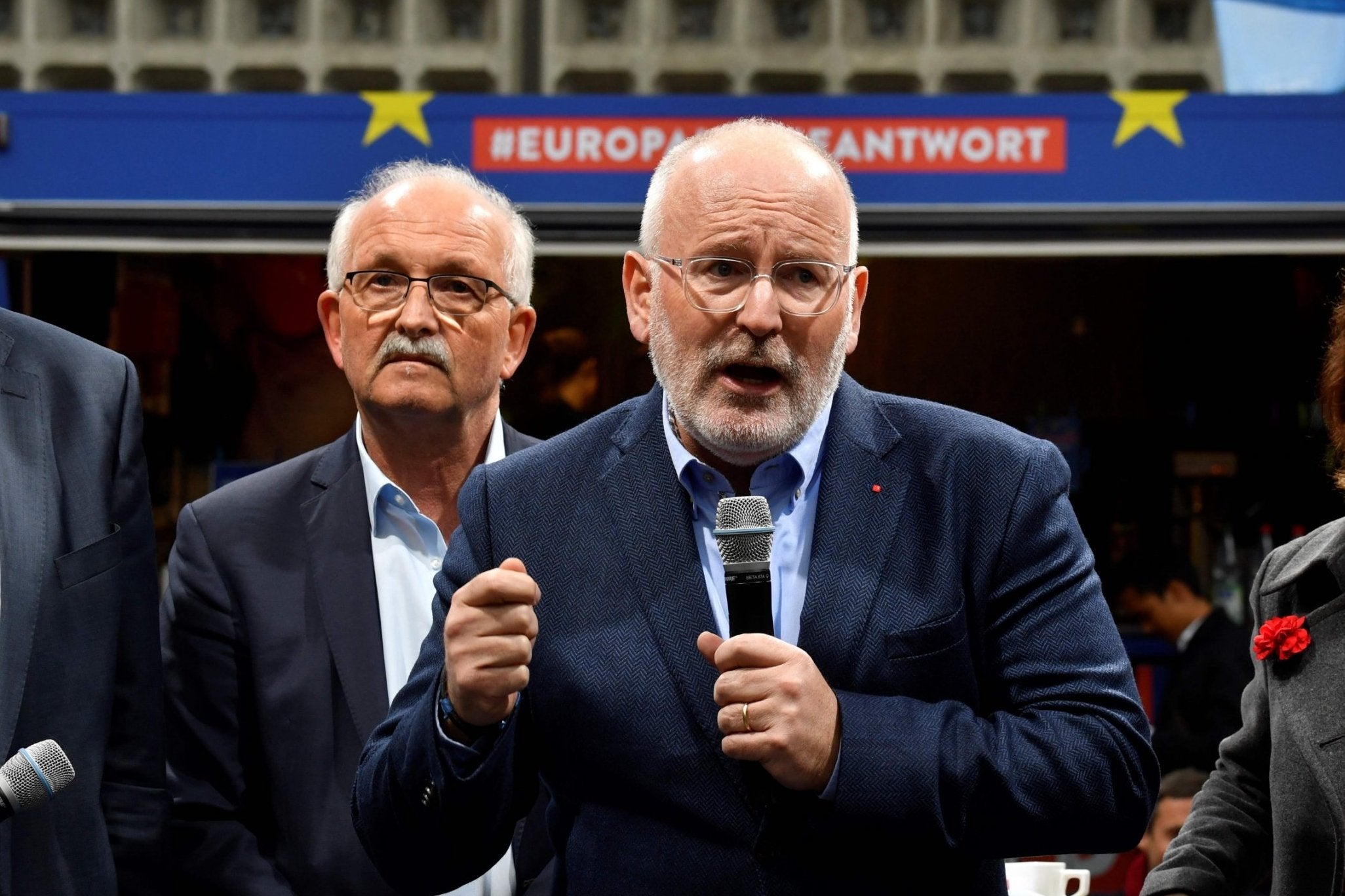 Socialist group leader Udo Bullmann (left) and and his party’s candidate for Commission president, Frans Timmermans, campaign in Berlin (AFP/Getty)