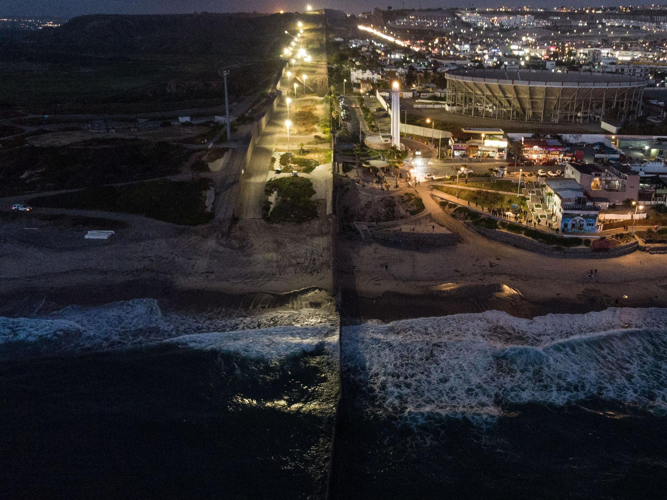 Aerial view of border fence in Baja California state, Mexico