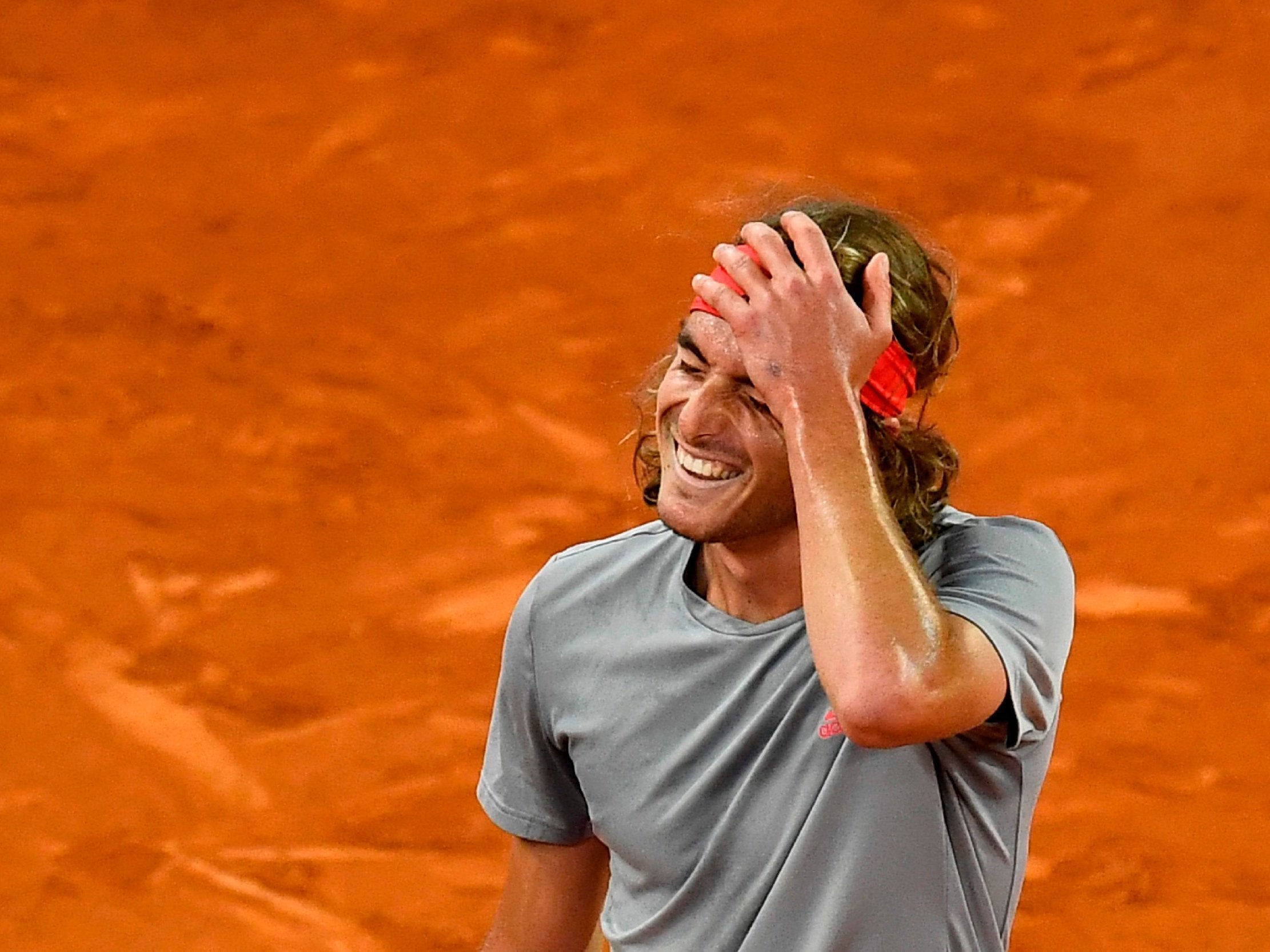 Greece’s Stefanos Tsitsipas celebrates after defeating Spain’s Rafael Nadal