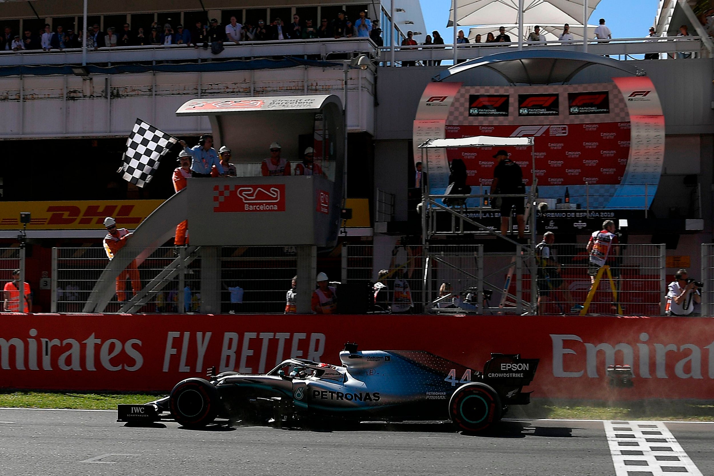 Hamilton crosses the line to win the Spanish Grand Prix (AFP/Getty)