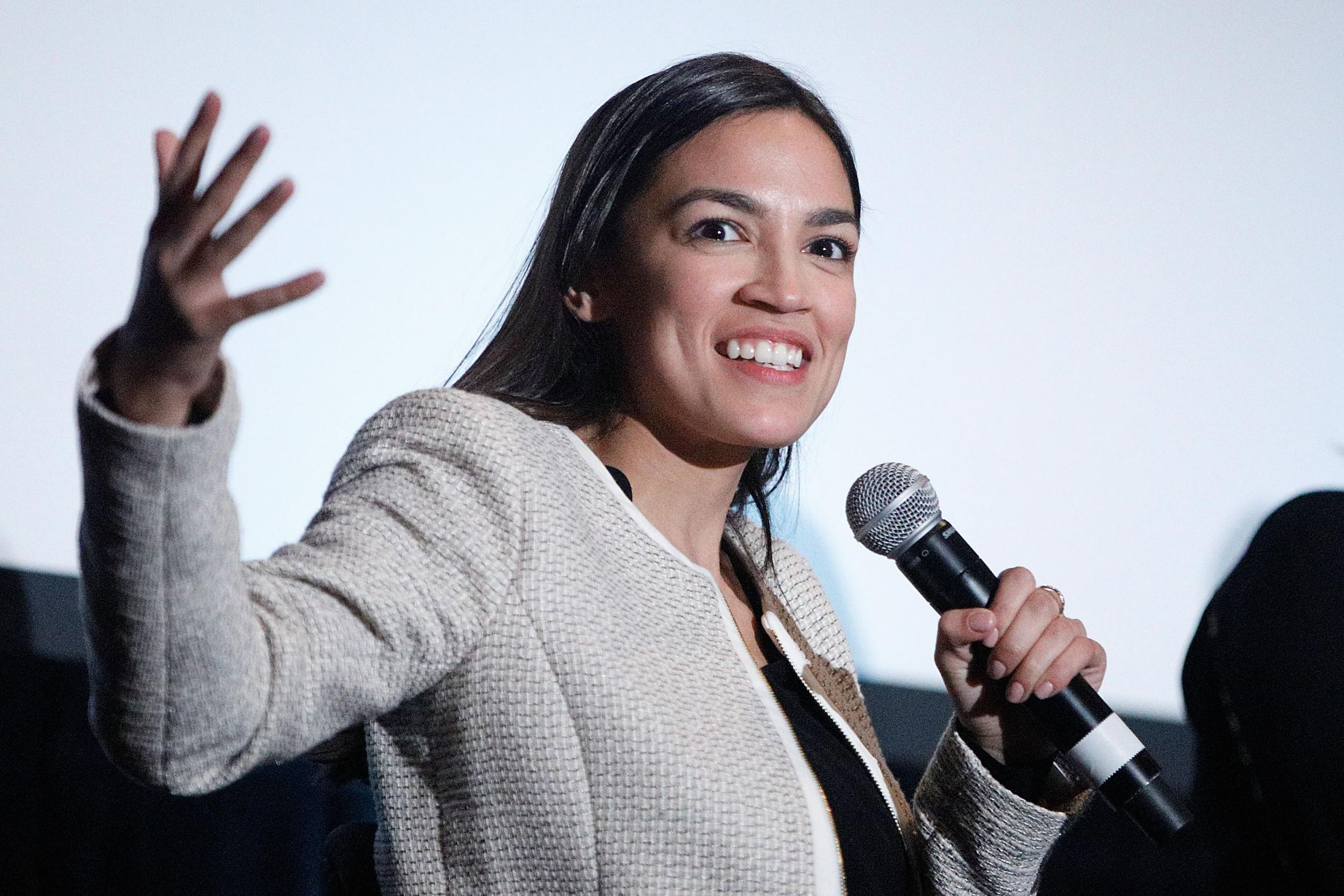 US Representative Alexandria Ocasio-Cortez on stage during the 2019 Athena Film Festival closing night film, "Knock Down the House" at the Diana Center at Barnard College on March 3, 2019 in New York City.