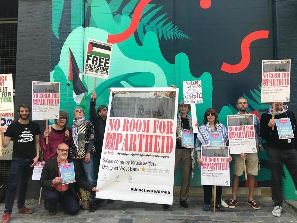 Supporters of the Palestine Solidarity Campaign gathered outside the Airbnb London Head Quarters on Wednesday 15 May 2019 to protest the company's decision to re-list properties in Israeli West Bank settlements, considered illegal under international law.