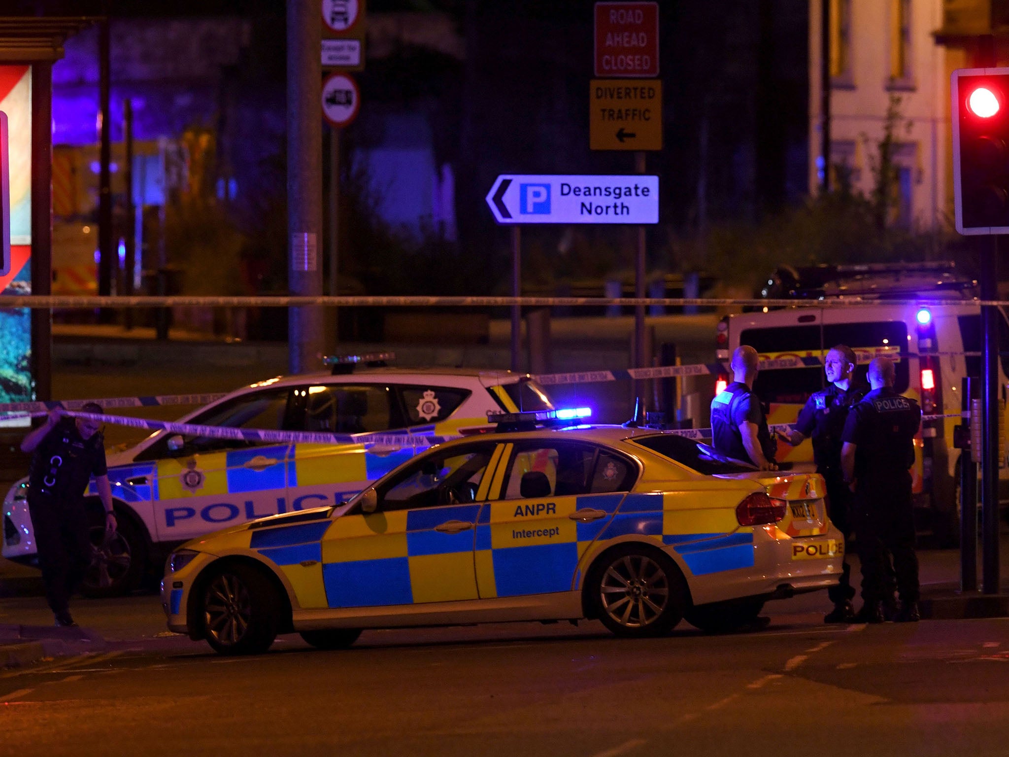 Police cordon off the area near Manchester arena after it was bombed during an Ariana Grande concert in 2017