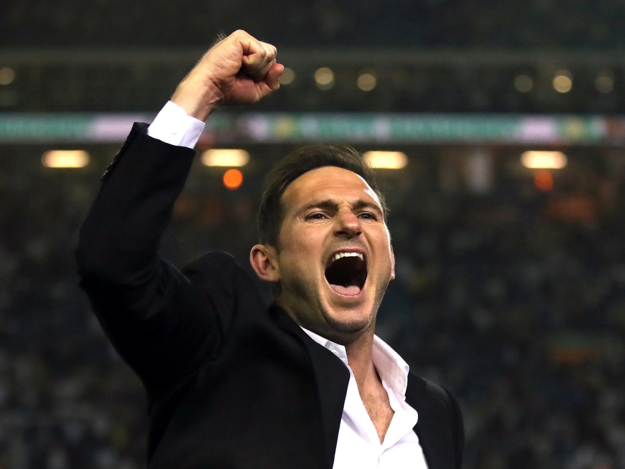 Frank Lampard celebrates Derby County’s victory over Leeds United to reach the Championship play-off final