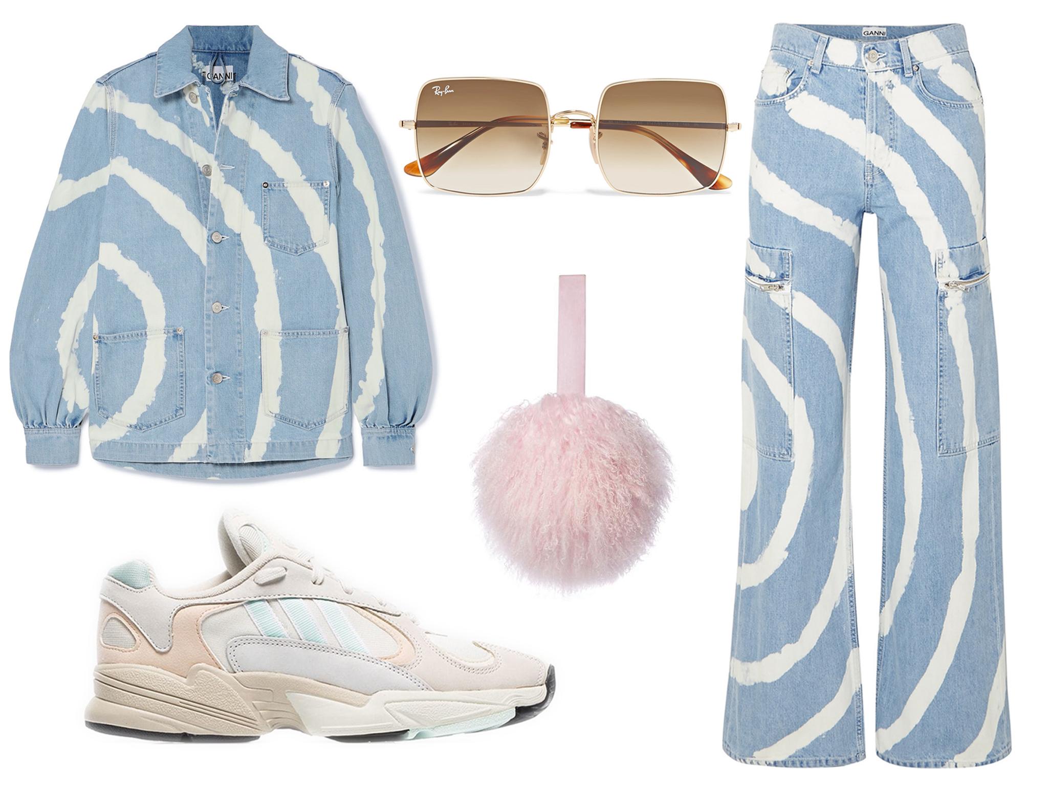 Ganni bleached denim jacket: £430, Adidas White Yung 1 Panelled low top sneakers: £85, Ray-Ban square-frame gold-tone sunglasses: £135, Charlotte Simone bon-bon bag: £150, Ganni blackstone bleached high-rise wide-leg jeans: £330