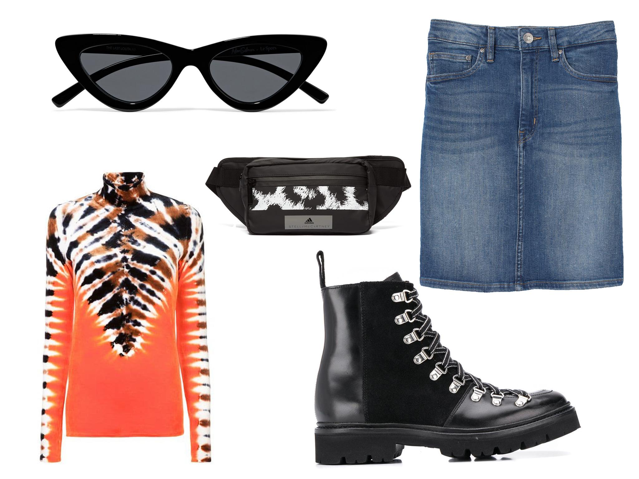 Le Specs + Adam Selman,The Last Lolita cat-eye acetate sunglasses: £65, Proenza Schouler velvet tie-dye turtleneck top: £232, Adidas by Stella McCartney, leopard-print belt bag: £50, H&amp;M denim skirt: £24.99, Grenson Nanette boots: £265