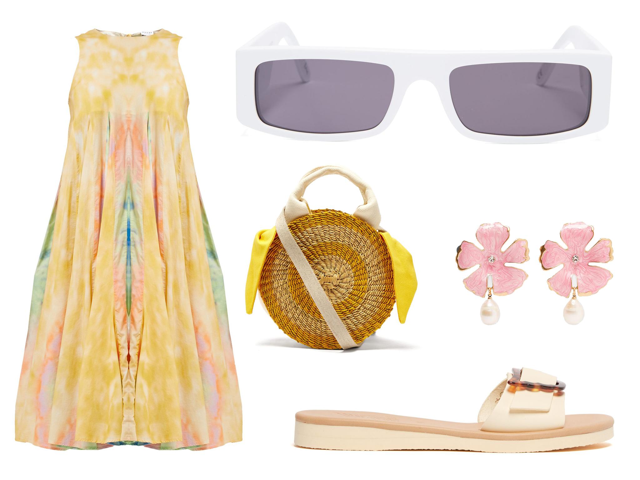 RHODE Josephine sleeveless tie-dye cotton midi dress: £448, Andy Wolf Hume rectangular acetate sunglasses: £45, Muuñ’ Rosa straw bag: £95, Zara flower earrings with pearl detail: £15.99, Ancient Greek Sandals, Aglaia leather slides: £105