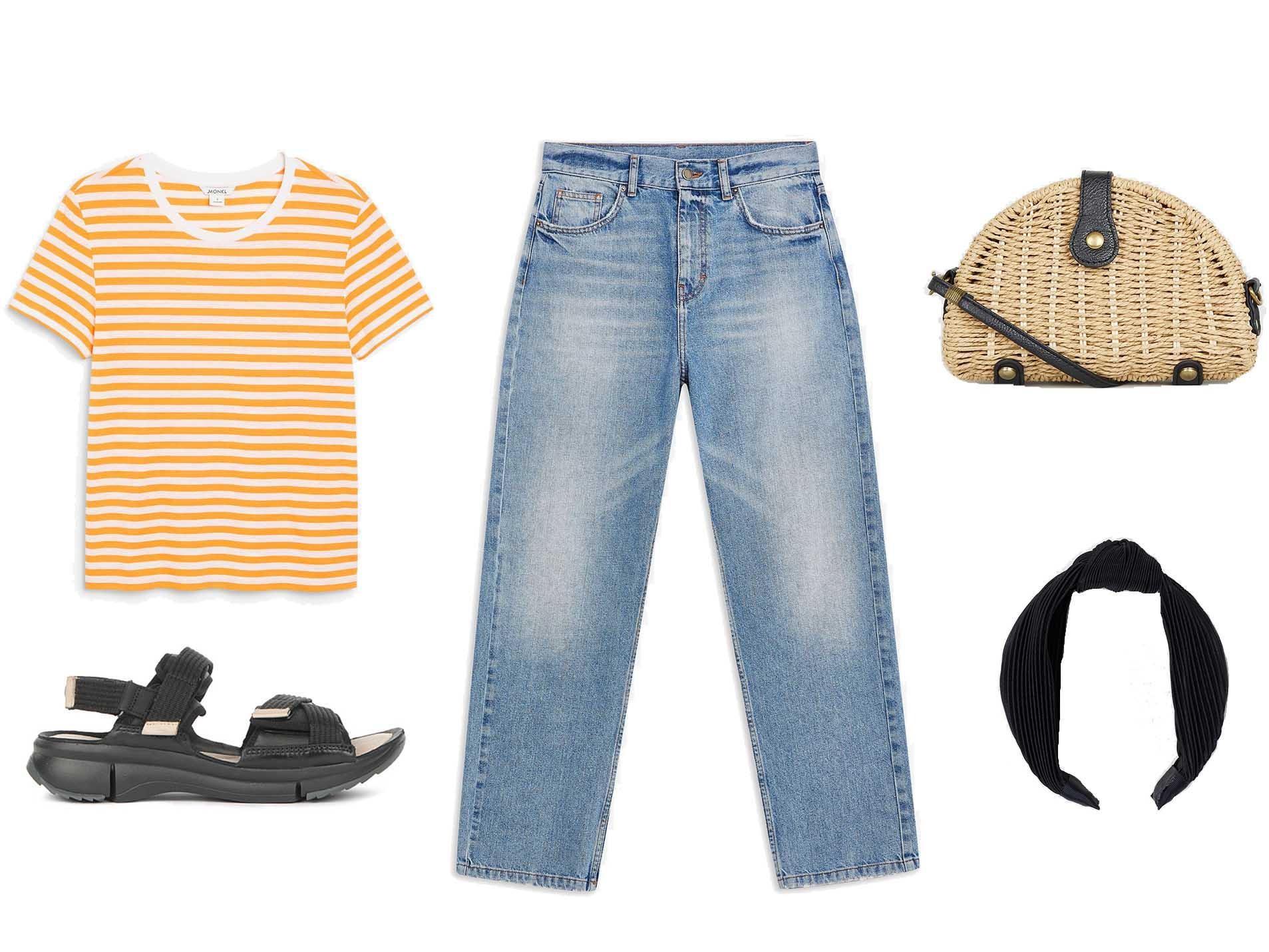 Soft Tee, £8, Monki; Tri Walk, £65, Clarks; Straight Jeans By Boutique, £55, Topshop; Stone Woven Straw Cross Body Bag, £15.99, New Look; Alice Band, £6, H&amp;M