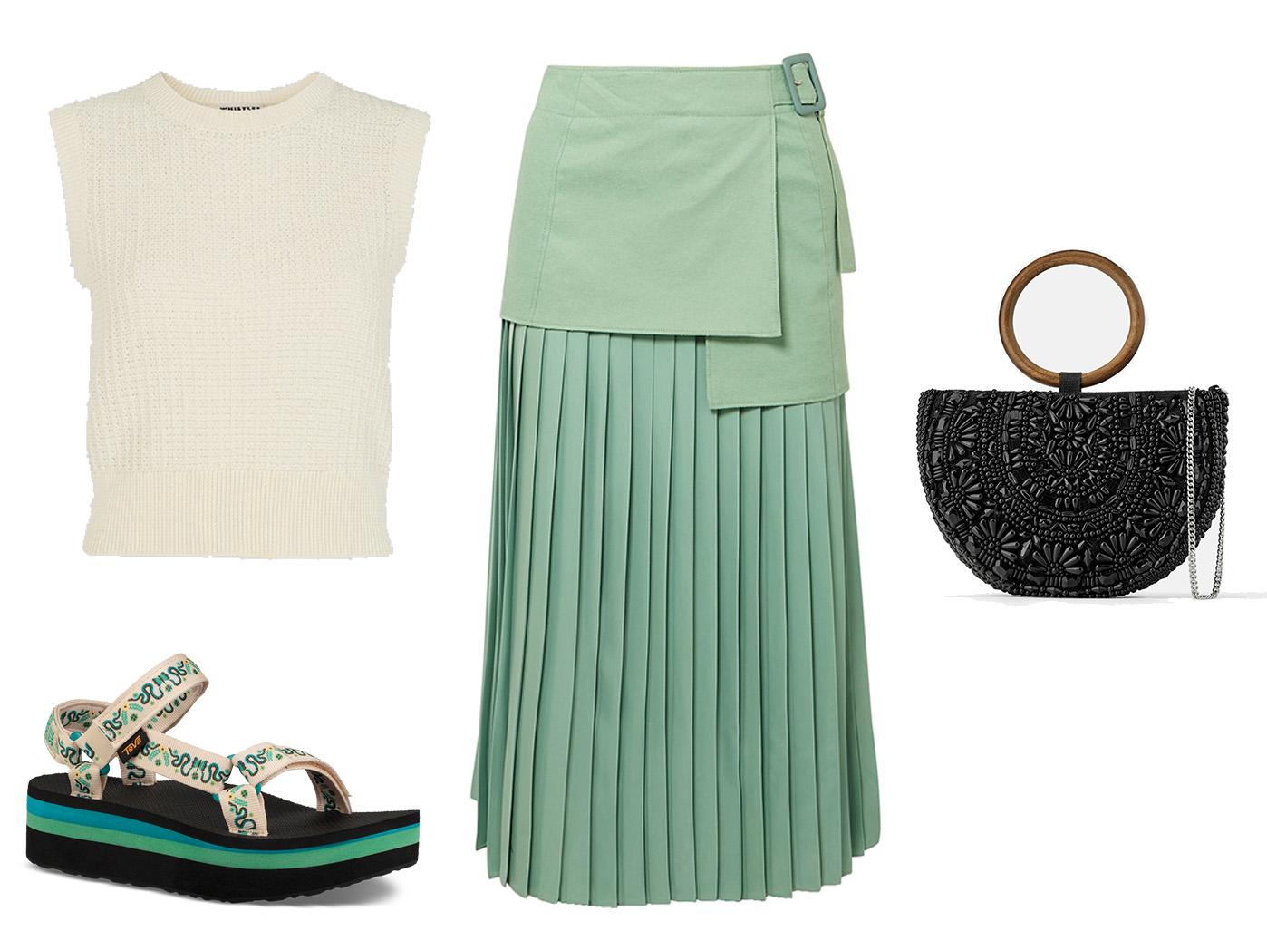 Waffle Knitted Top, £79, Whistles; Teva x Anna Sui, Flatform Universal Sandal, £128, Free People; Joseph, Billie Pleated Skirt, £645, Net-a-Porter; Natural Beaded Oval Crossbody Bag, £29.99, Zara