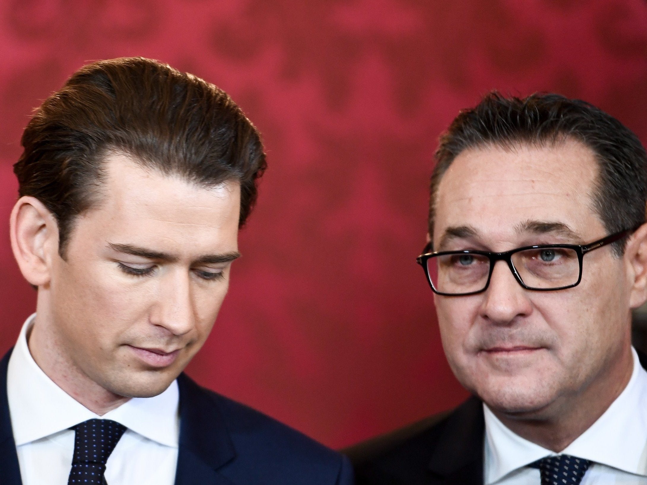 Austrian Chancellor Sebastian Kurz (L) and Vice-Chancellor Heinz-Christian Strache (R) at the presidential office of the Hofburg Palace in Vienna