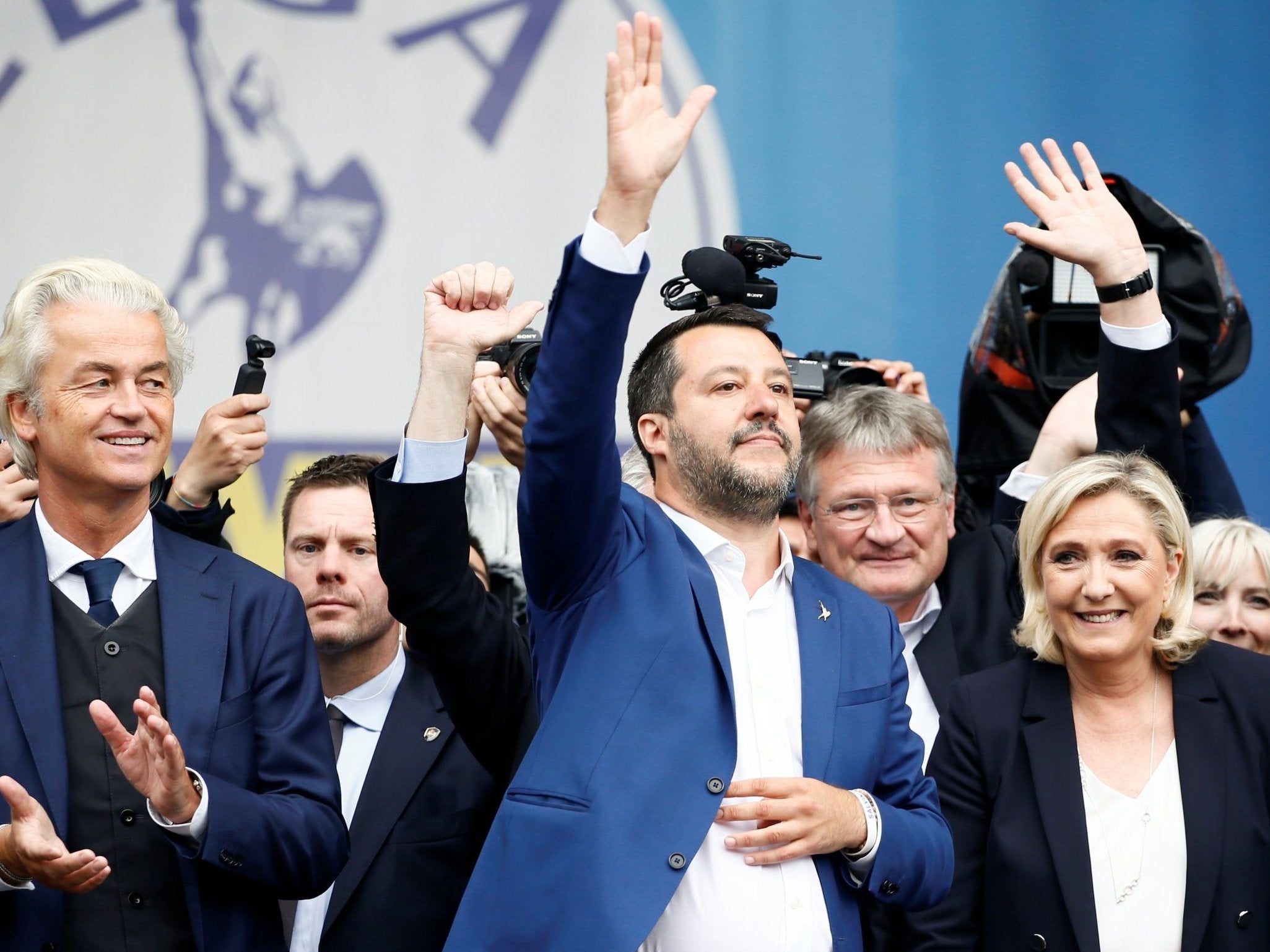 Geert Wilders, leader of Dutch party PVV, Italy's Matteo Salvini and Marine Le Pen, leader of the French National Rally party, at the rally