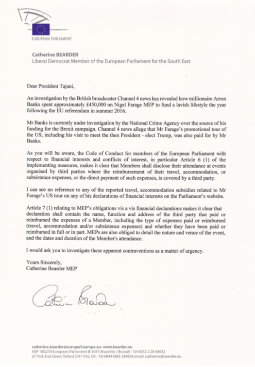 The letter from the quaestor Catherine Bearder to European Parliament president Antonio Tajani