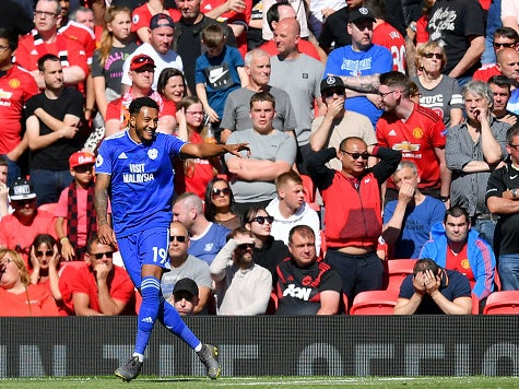 Mendez-Laing celebrates at Old Trafford on the final day of the season