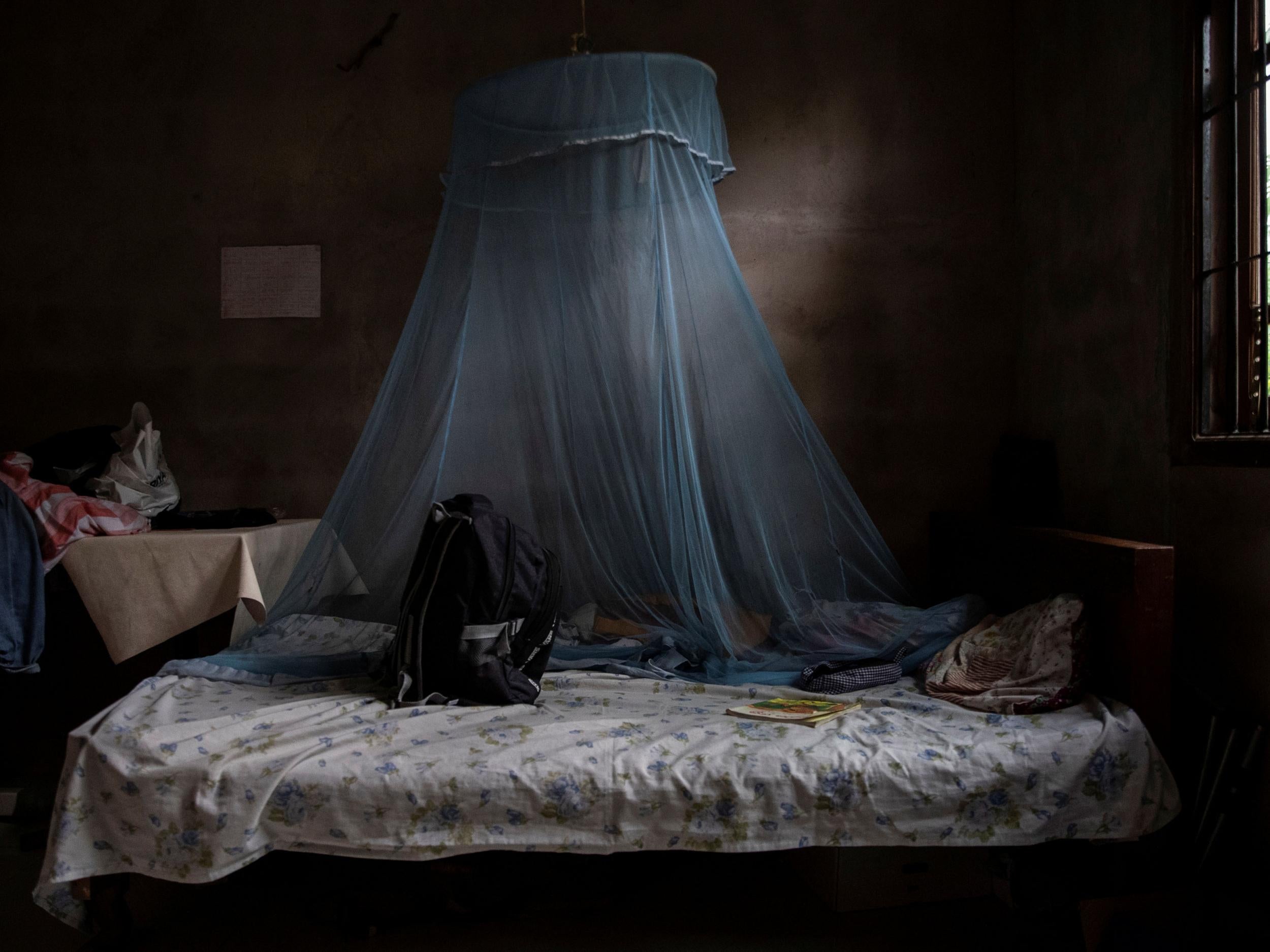 A school bag is seen on the bed of Wishmi, 14, a student, in Negombo. Wishmi, her sister and their father were killed at St Sebastian’s Church