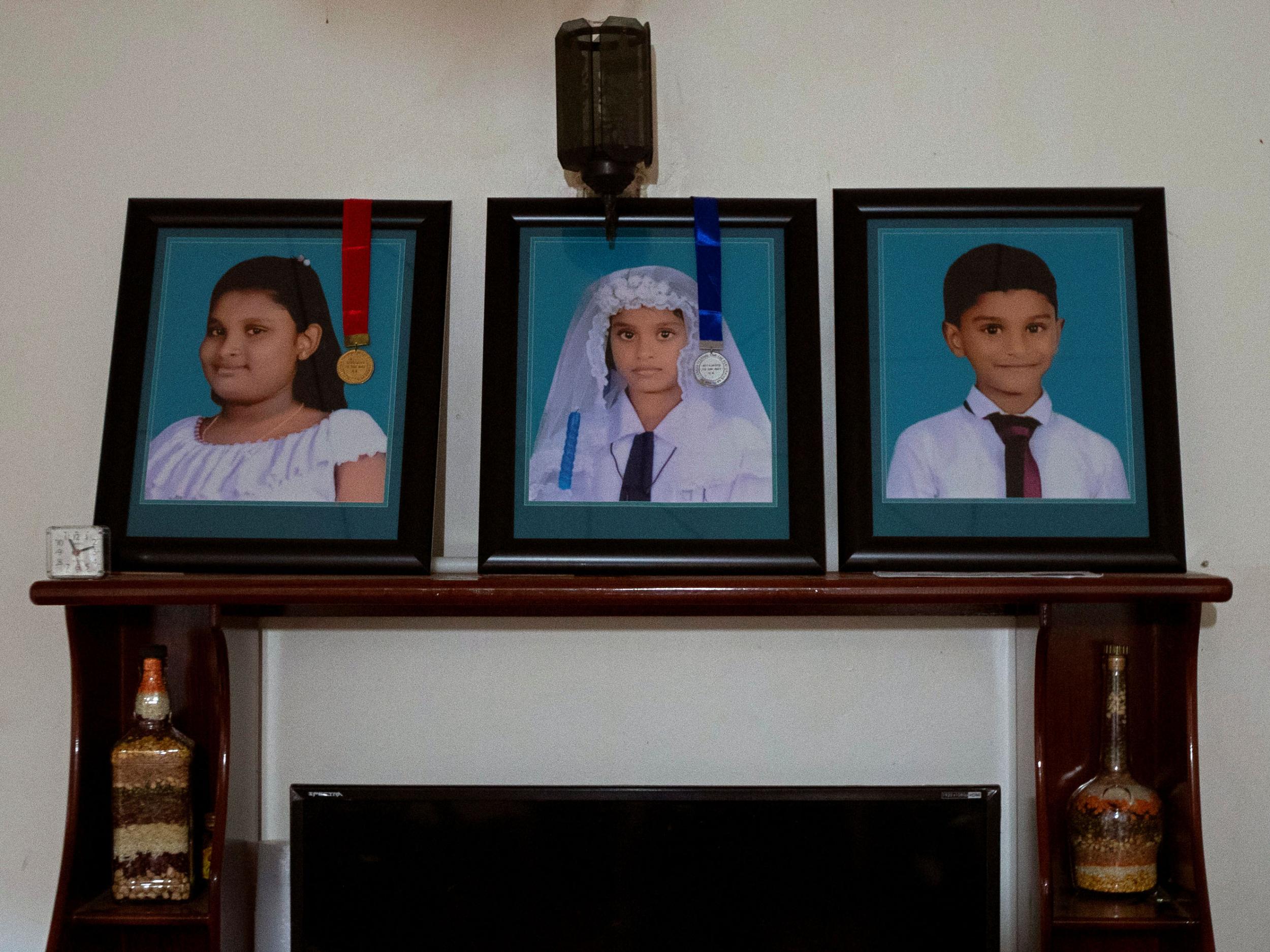 Photos of Rashini, 13, her sister Shalomi, 10, and brother Shalom, seven, who were killed during the Easter Sunday bombings