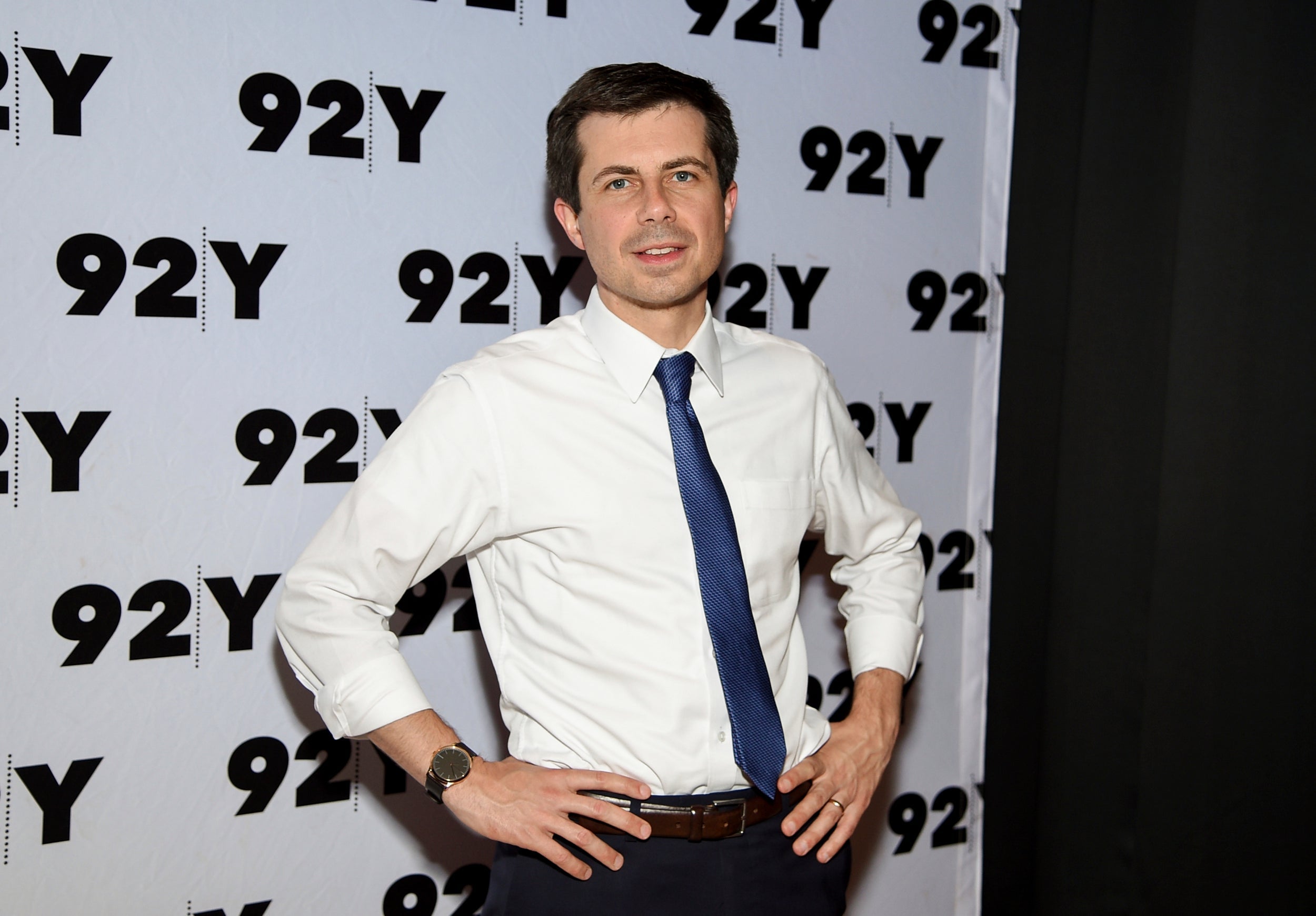 Pete Buttigieg poses backstage before an appearance at the 92nd Street Y on Wednesday, May 22, 2019, in New York