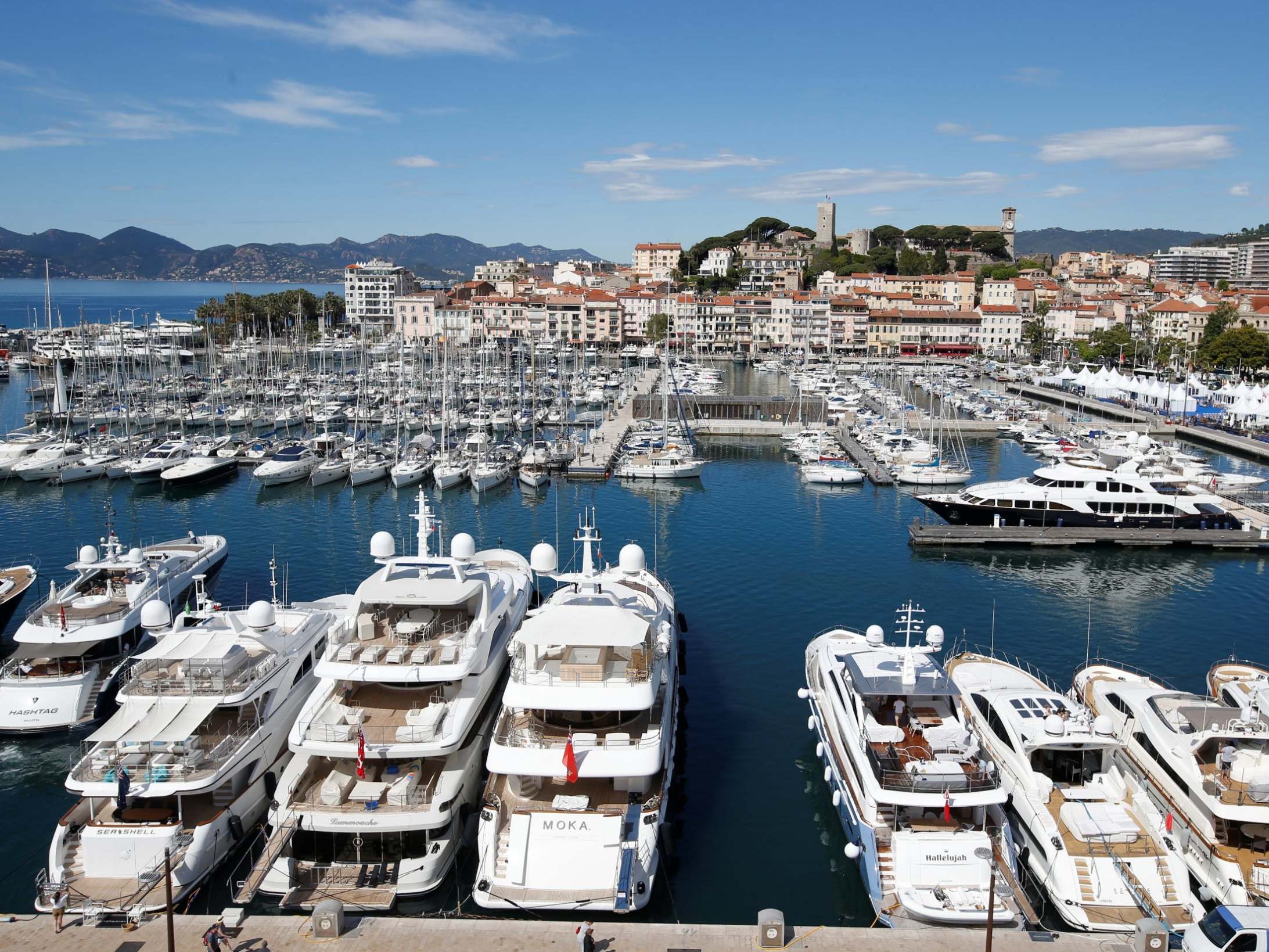 Yachts in the port of Cannes at the start of the film festival