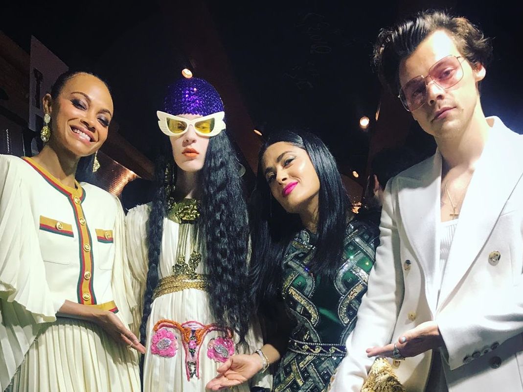 Zoe Saldana, Salma Hayek, Harry Styles and a model at the Gucci Cruise 2020 show in Rome last week