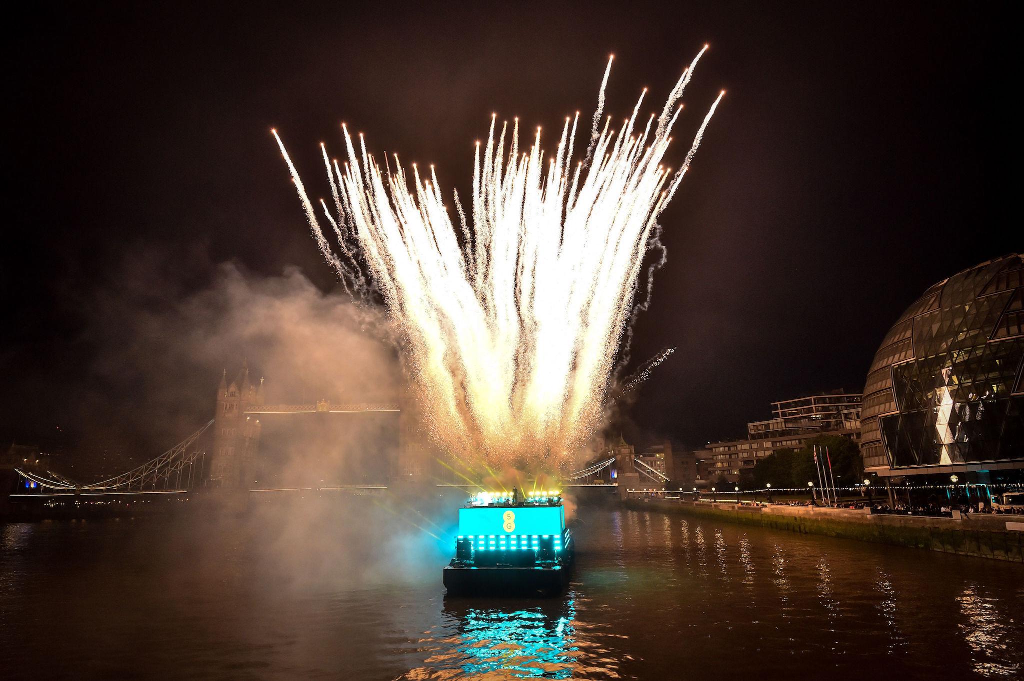 Stormzy performs in a 5G-powered gig beside Tower Bridge on the River Thames to mark the launch of 5G on EE, London