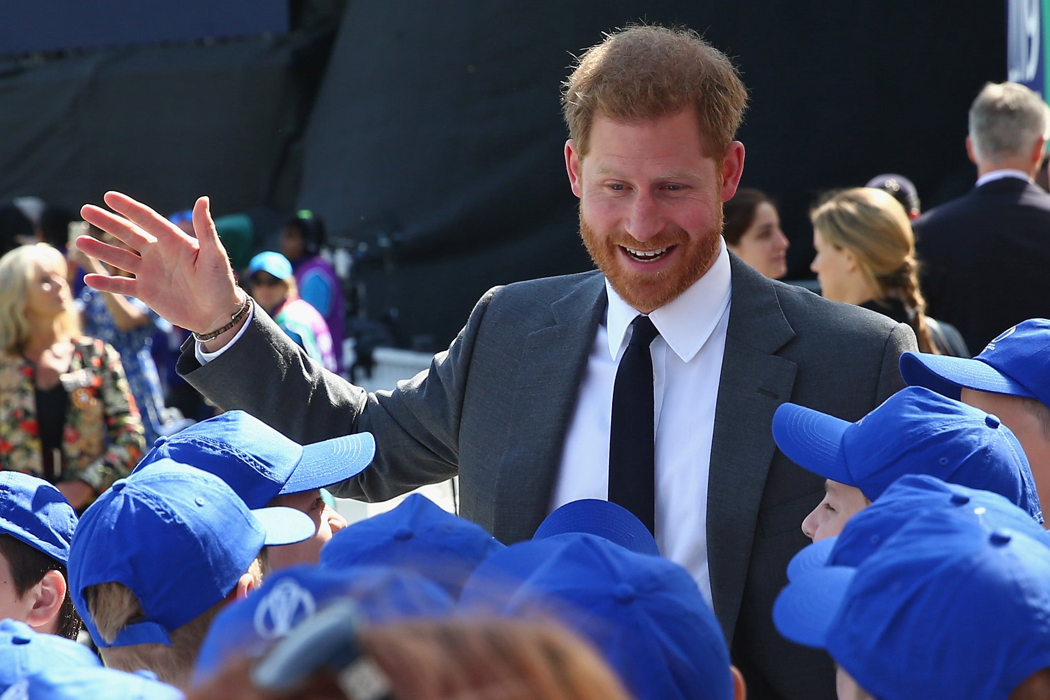 Prince Harry meets children prior to the Group Stage match of the ICC Cricket World Cup 2019 between England v South Africa at The Oval on May 30, 2019 in London, England