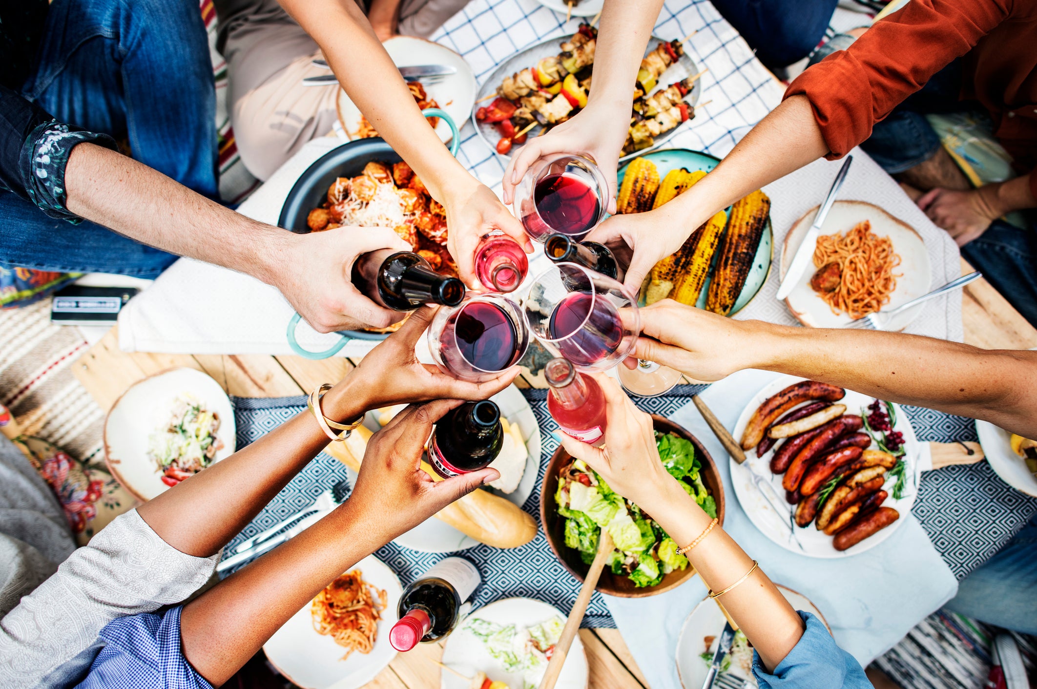 Aerial view of people toasting together