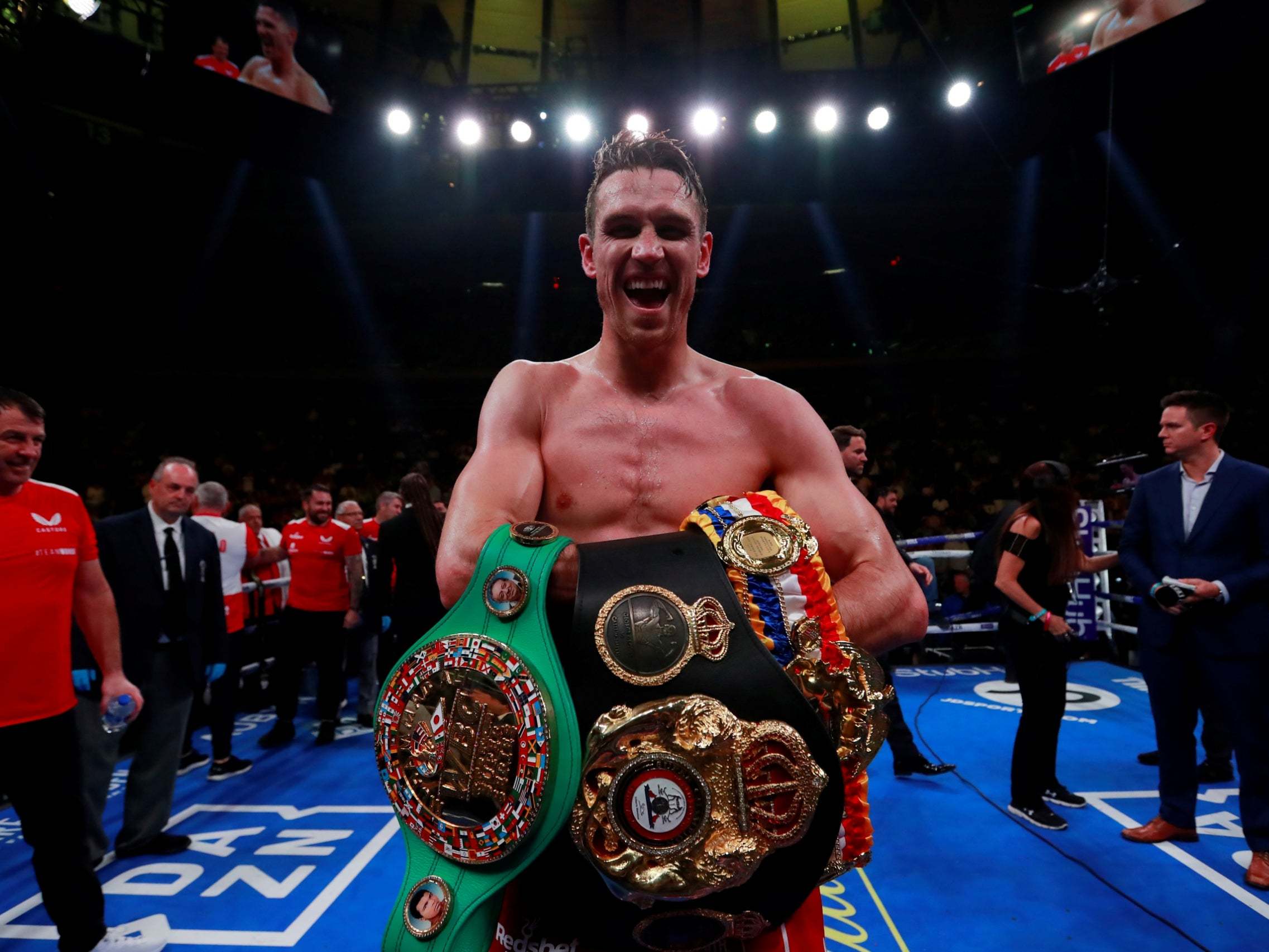 Callum Smith celebrates his victory over Hassan N'Dam