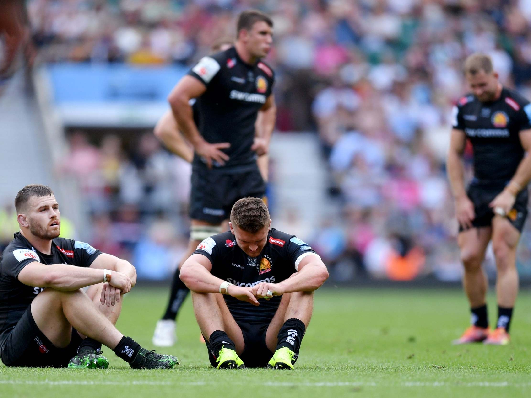 Henry Slade was dejected at full-time as Exeter lost the Premiership final against Saracens