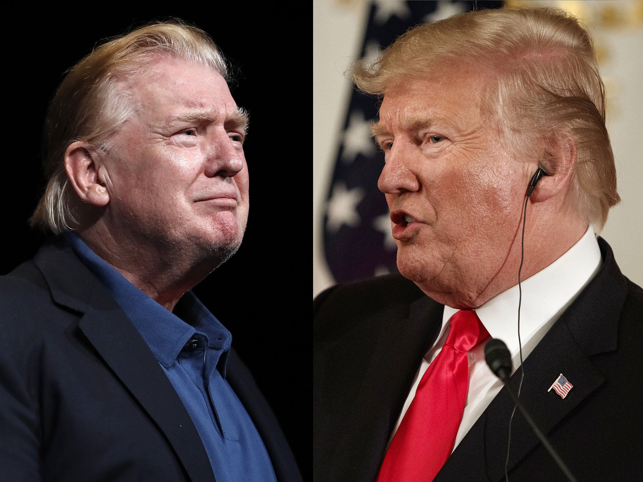 Donald Trump's new slicked-back hairdo (left), which is a radical departure from his usual style (right)