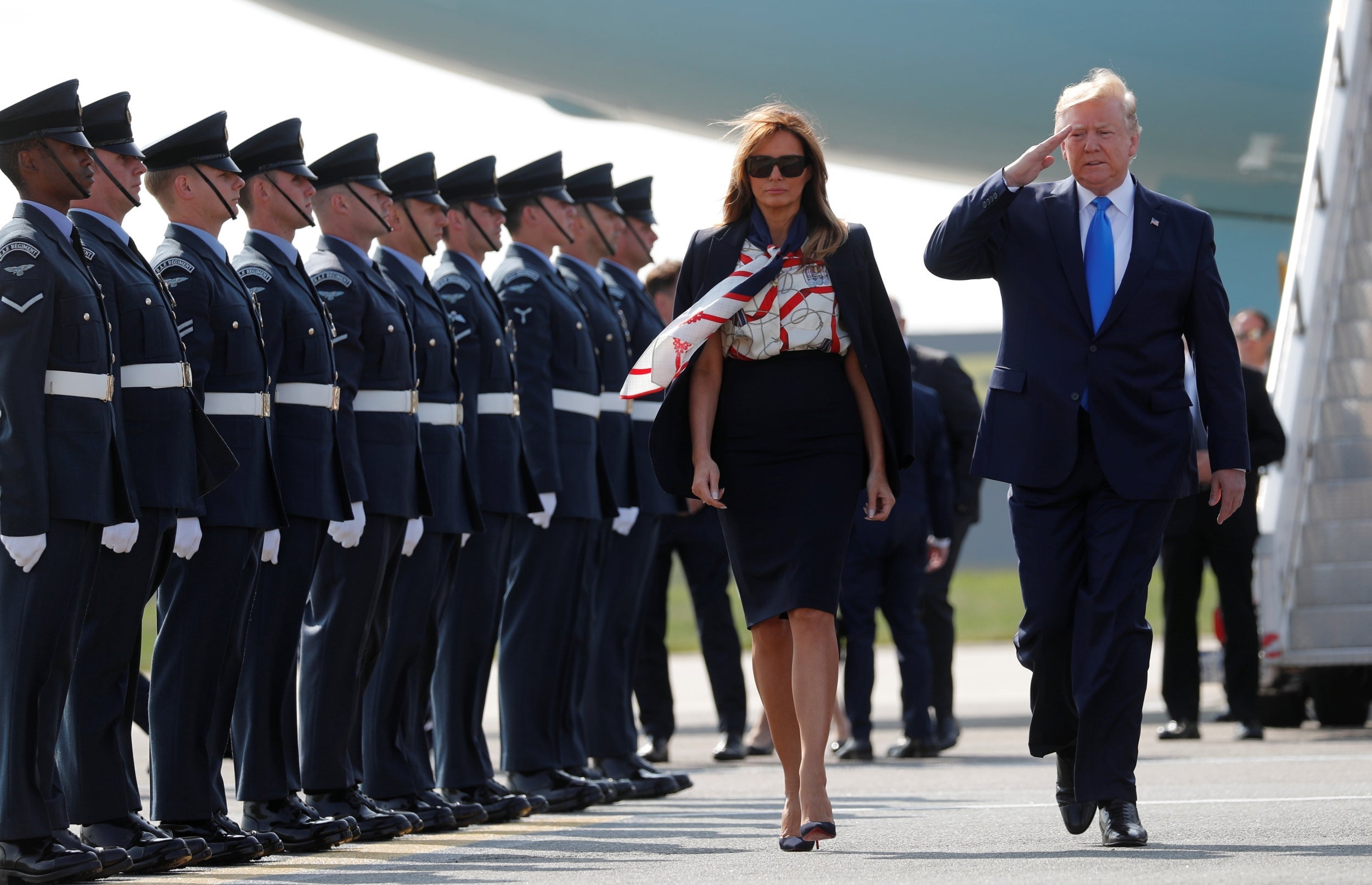 US president Donald Trump and first lady Melania Trump arrive at Stansted airport for their state visit to the UK