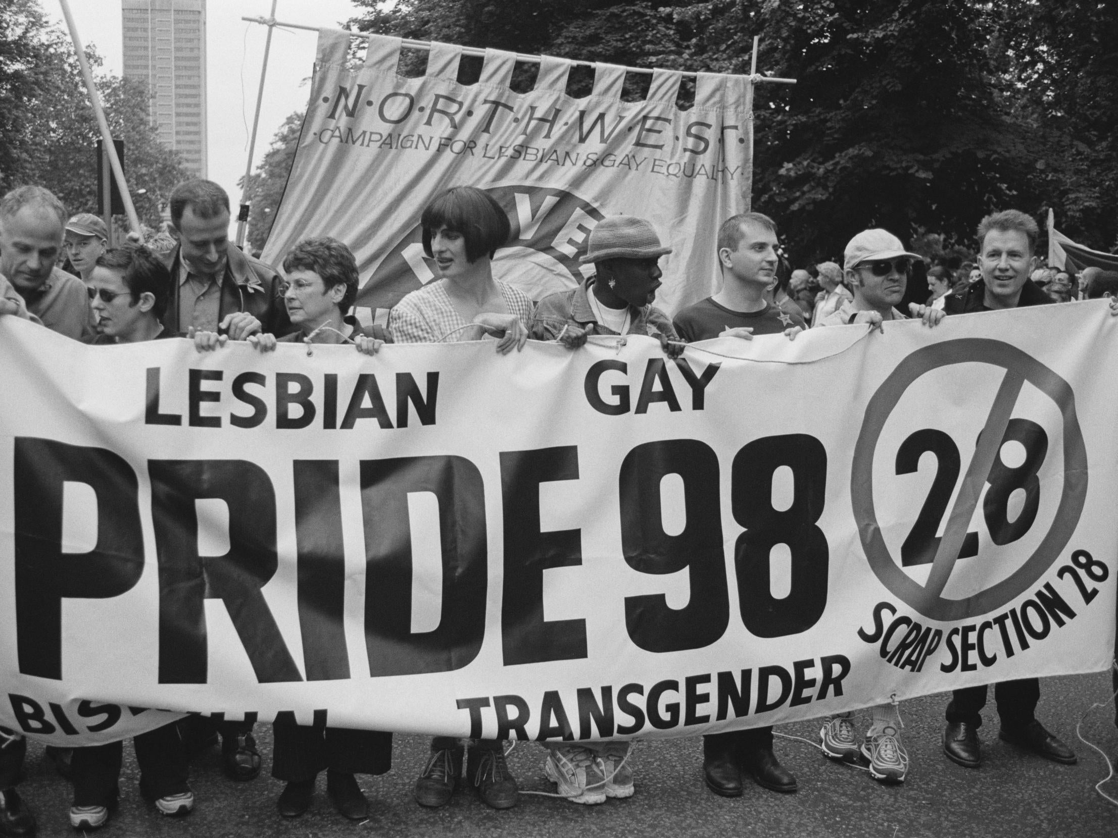 July 1998: celebrities protesting against Section 28, including actor Michael Cashman, comedian Rhona Cameron, activist Peter Tatchell and Graham Norton (Getty)