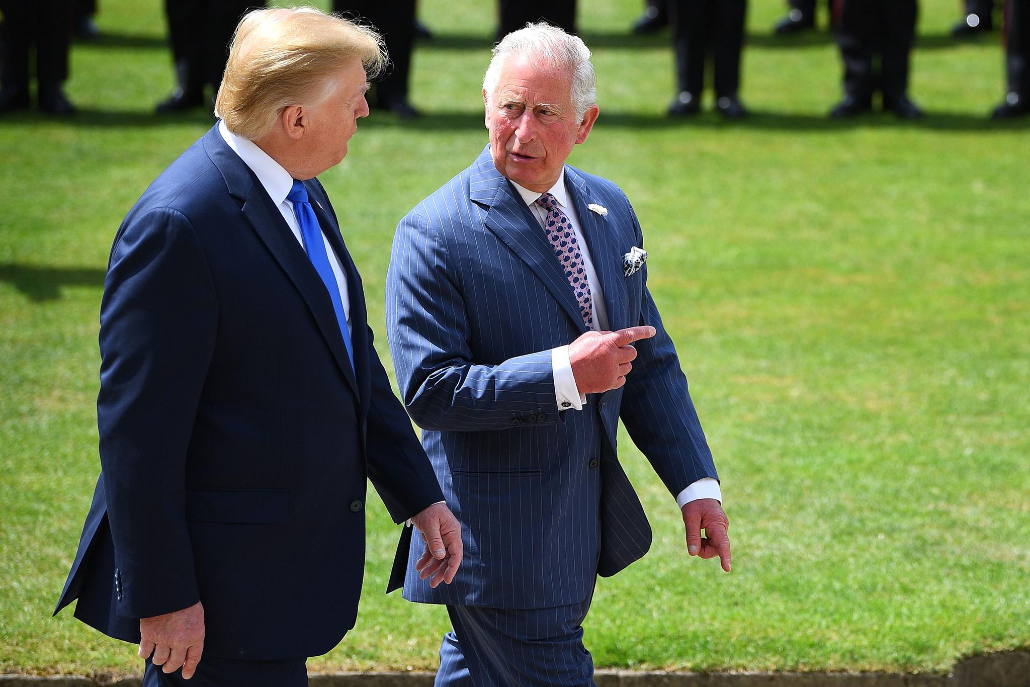 Donald Trump pictured walking alongside King Charles at Buckingham Palace during a 2019 state visit to the UK