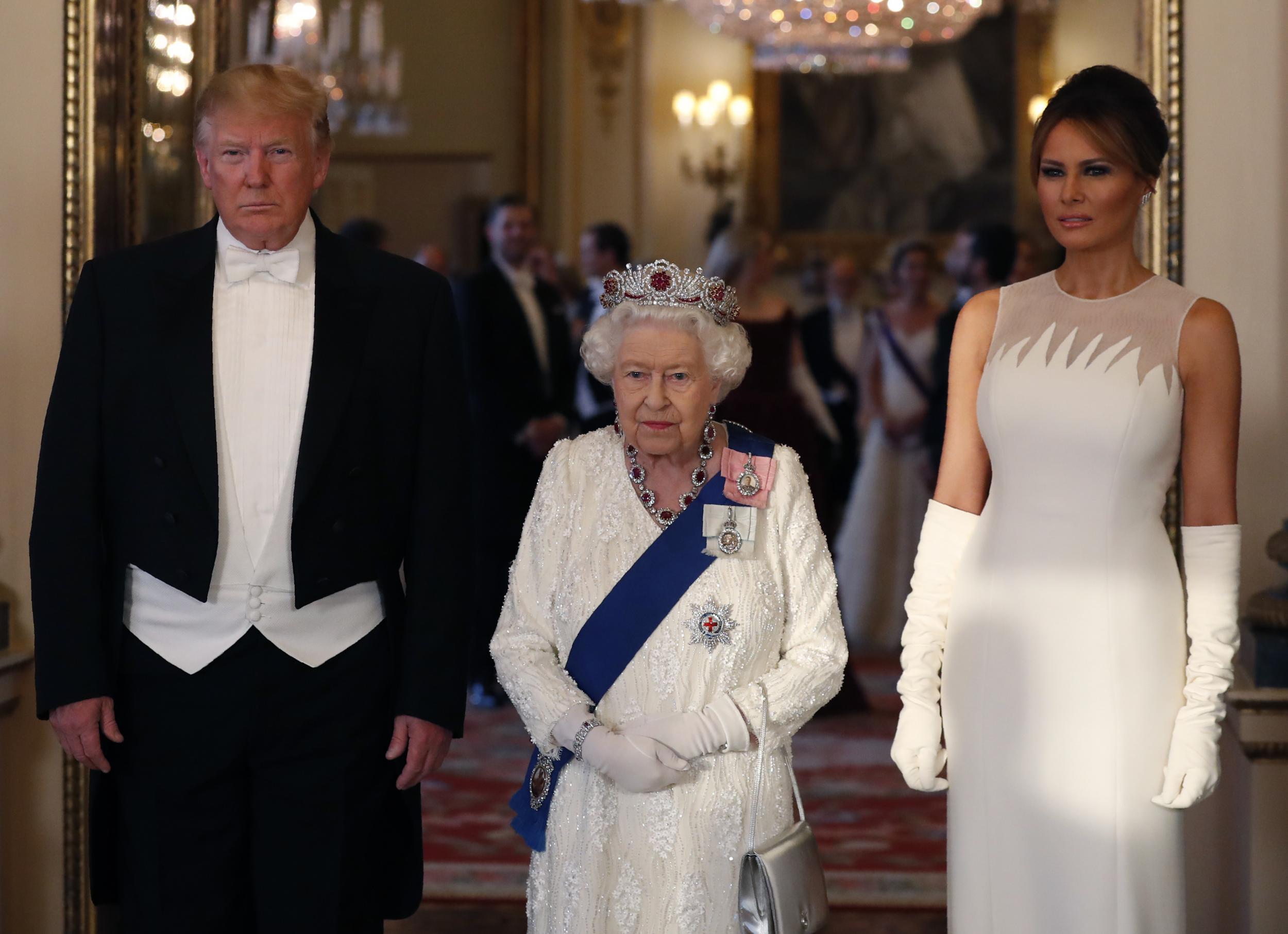 US president Donald Trump, the Queen, and US first lady Melania Trump at the royal state banquet